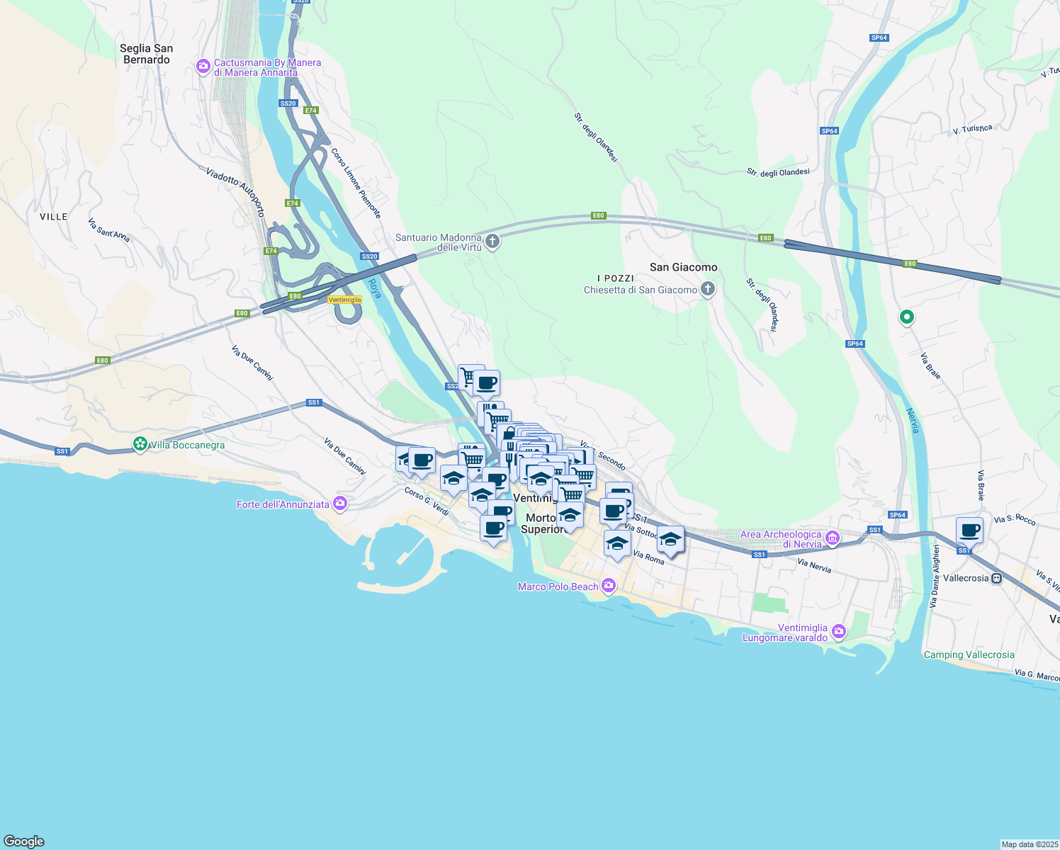 map of restaurants, bars, coffee shops, grocery stores, and more near 20 Via San Secondo in Ventimiglia