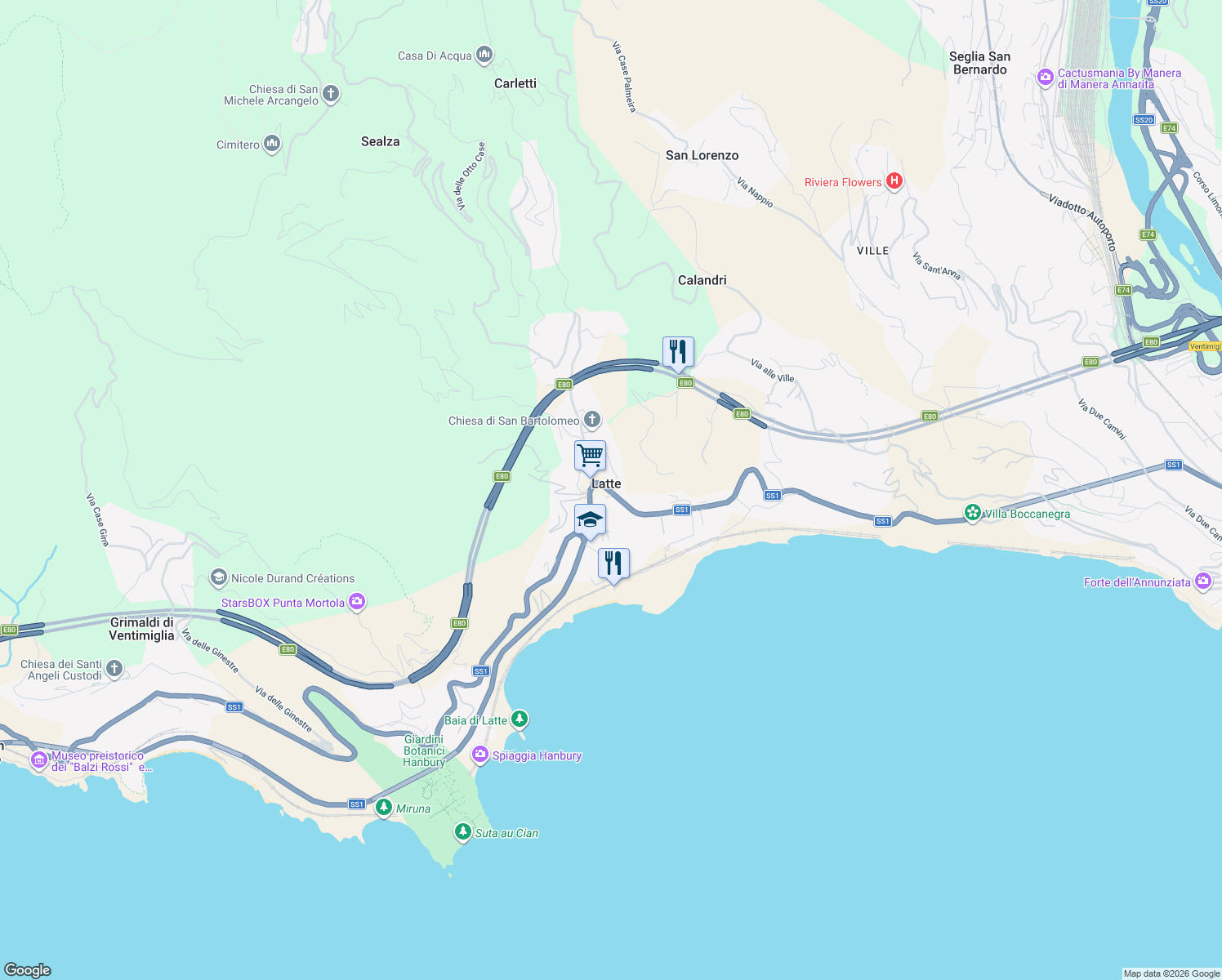 map of restaurants, bars, coffee shops, grocery stores, and more near 1 Via Anacleto Hughes in Latte