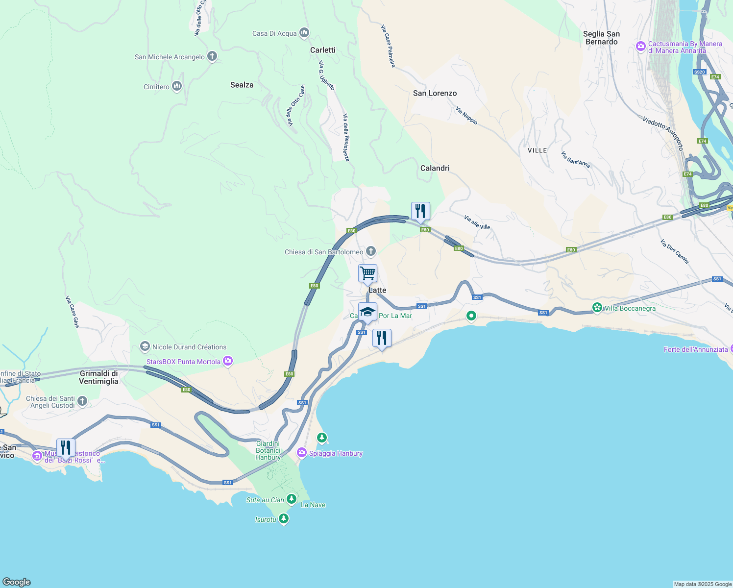 map of restaurants, bars, coffee shops, grocery stores, and more near 114 Corso Nizza in Latte