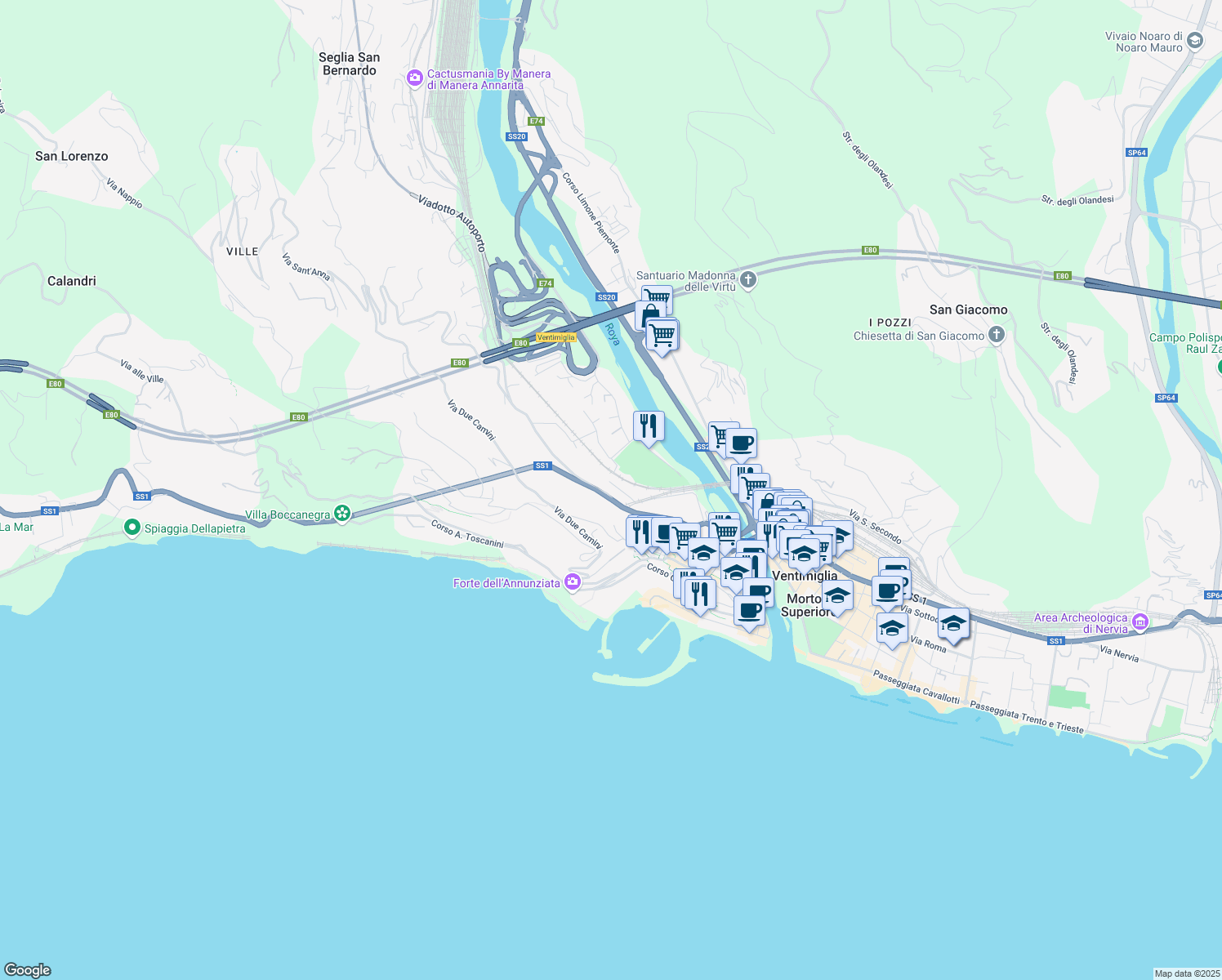 map of restaurants, bars, coffee shops, grocery stores, and more near 13 Via G. Freccero in Ventimiglia