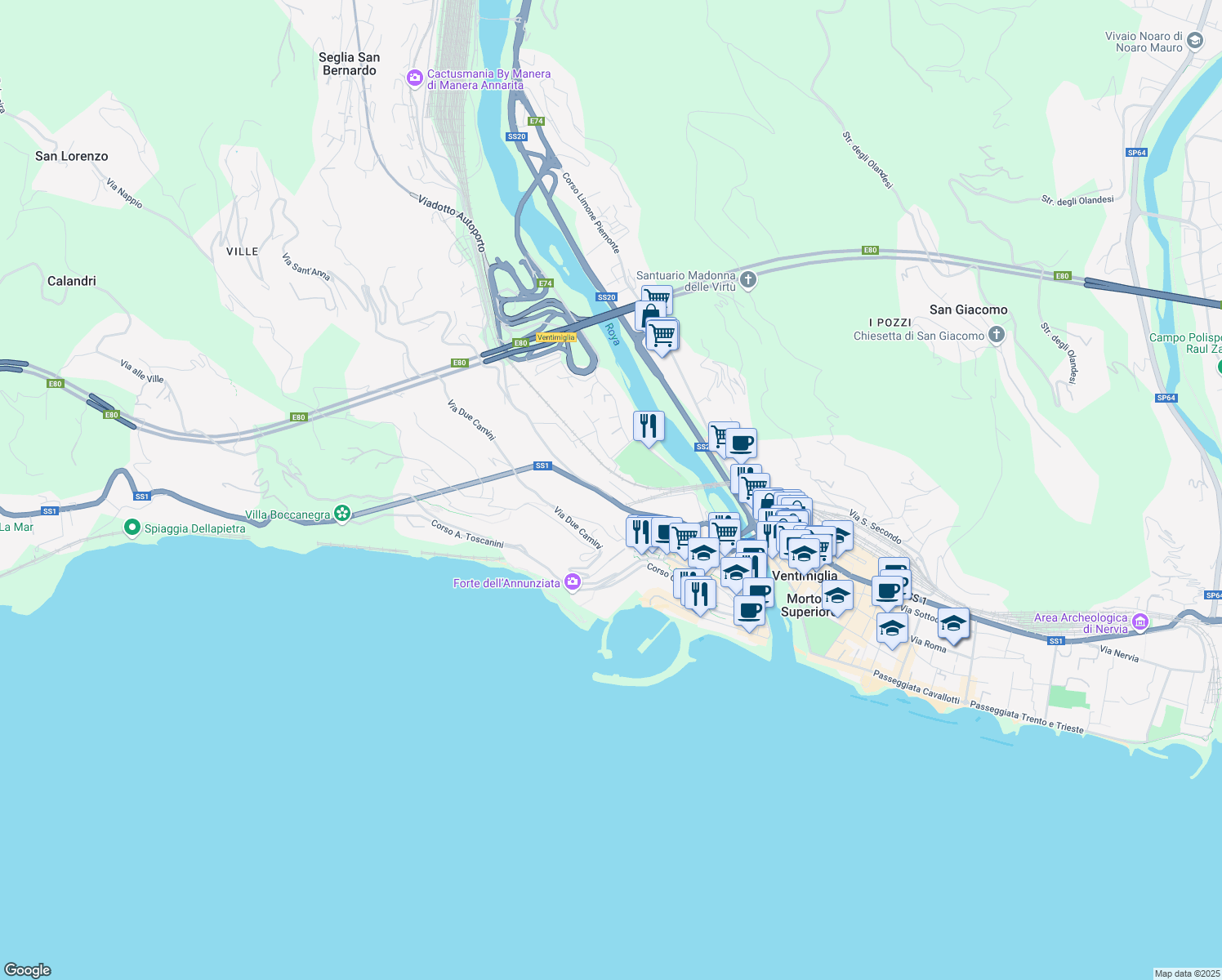 map of restaurants, bars, coffee shops, grocery stores, and more near 30 Corso Francia in Ventimiglia