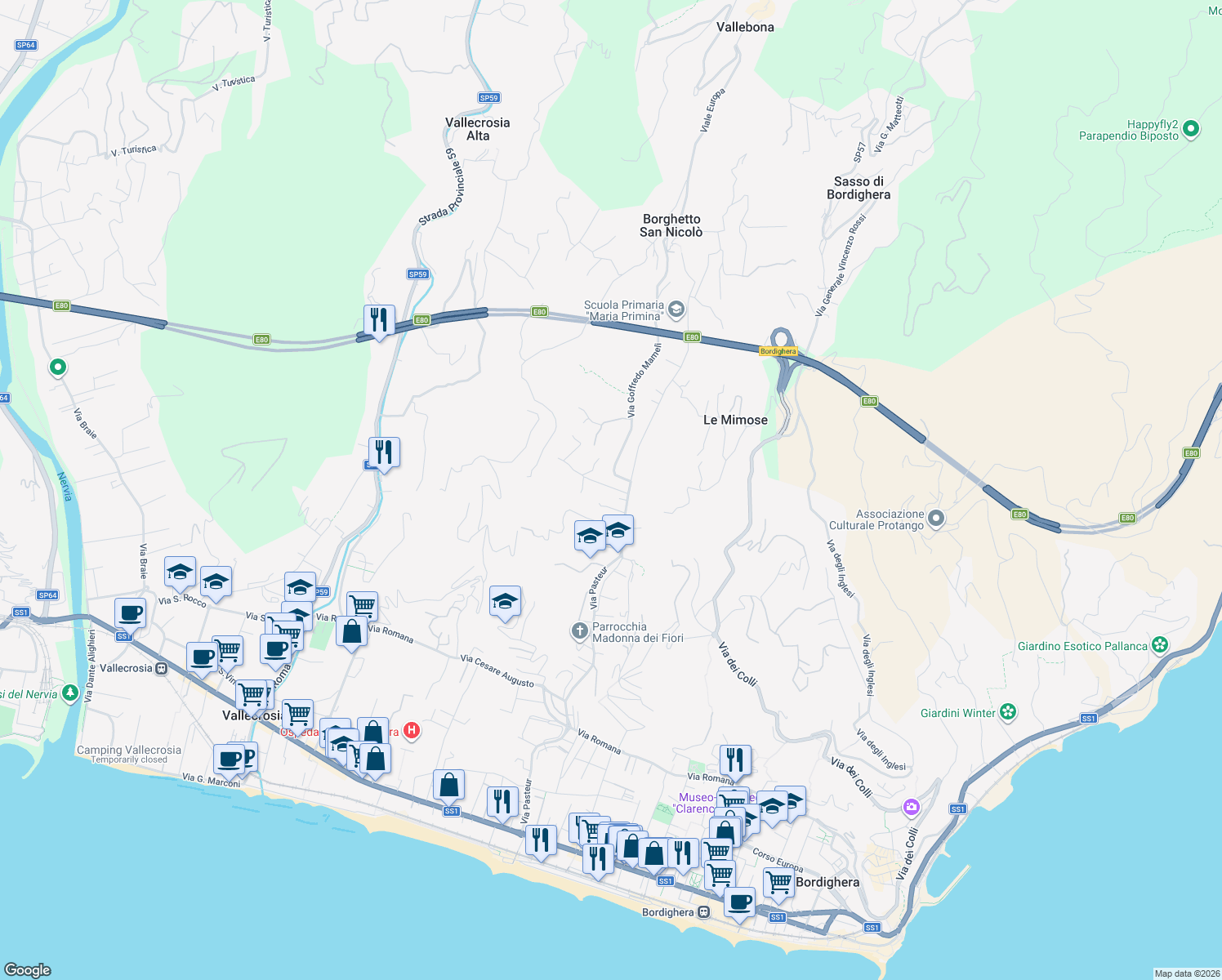 map of restaurants, bars, coffee shops, grocery stores, and more near 3 Via Concordia in Bordighera