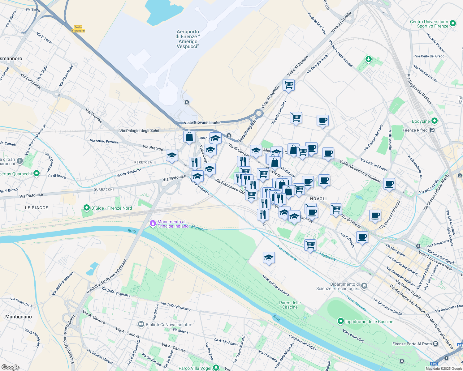 map of restaurants, bars, coffee shops, grocery stores, and more near 144 Via Francesco Baracca in Firenze