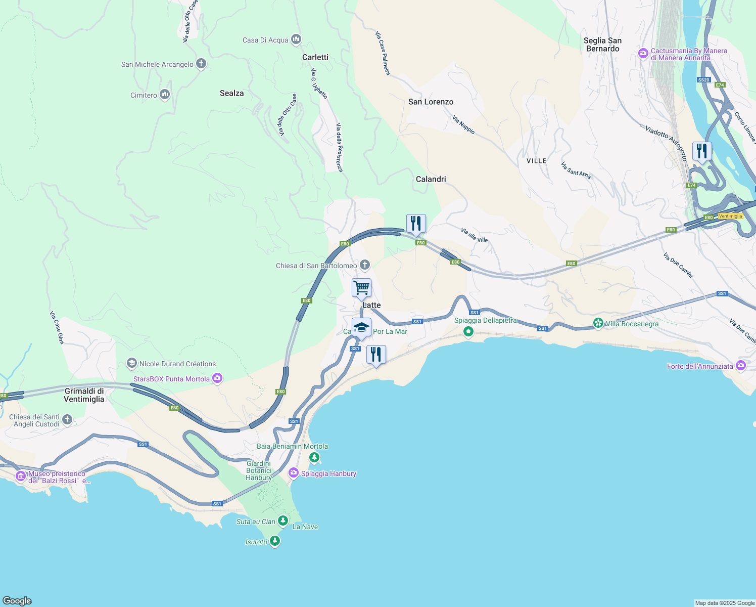 map of restaurants, bars, coffee shops, grocery stores, and more near 22/A Via Anacleto Hughes in Latte