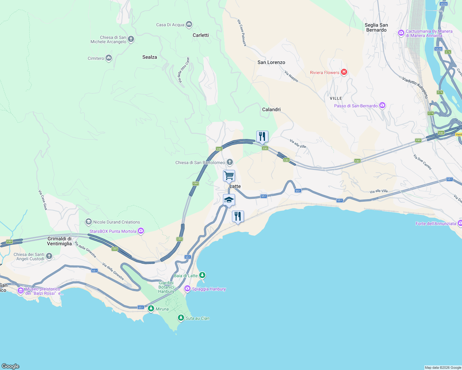 map of restaurants, bars, coffee shops, grocery stores, and more near 13 Via L. Alborno in Latte