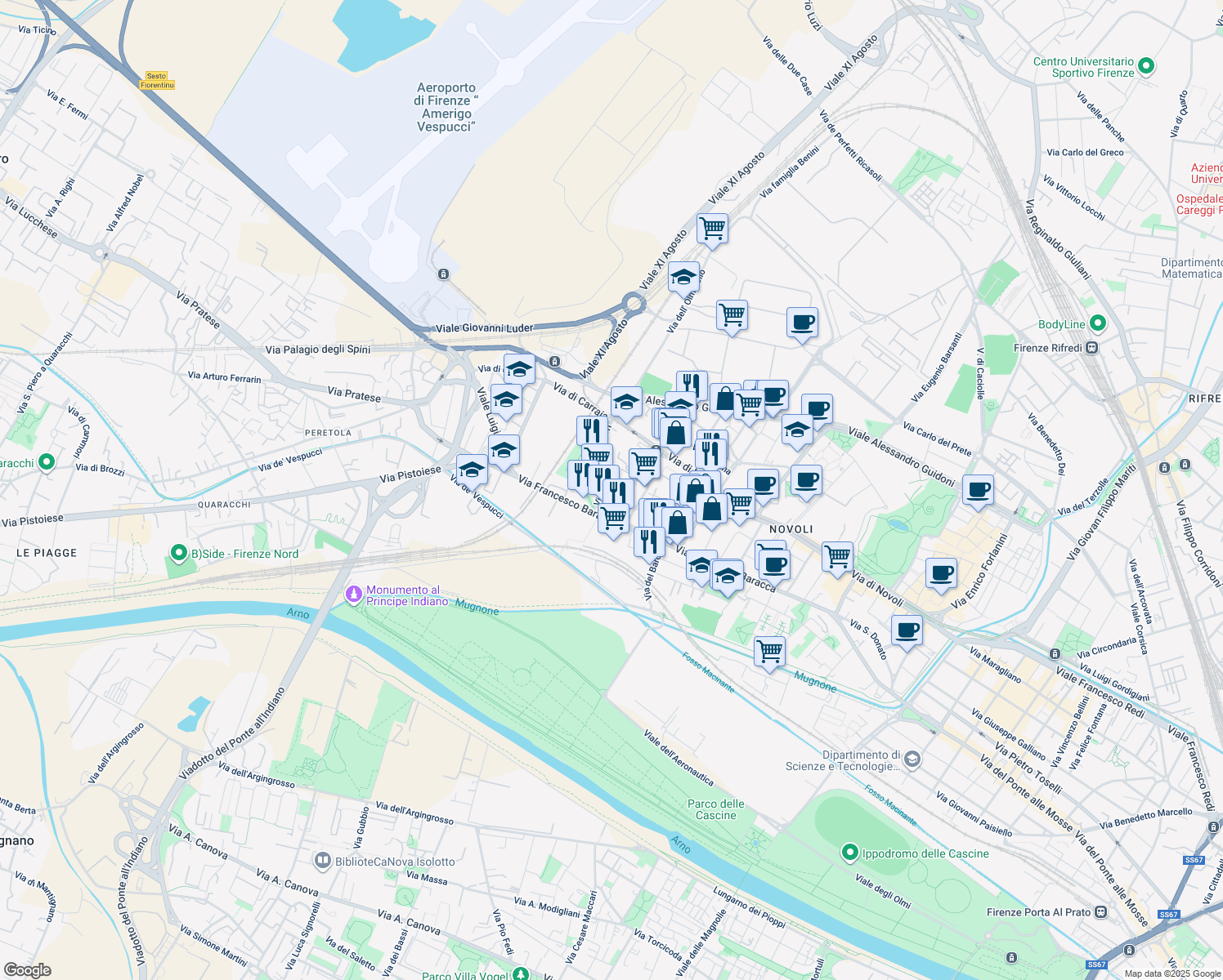 map of restaurants, bars, coffee shops, grocery stores, and more near 66 Via Alessandro Allori in Florence