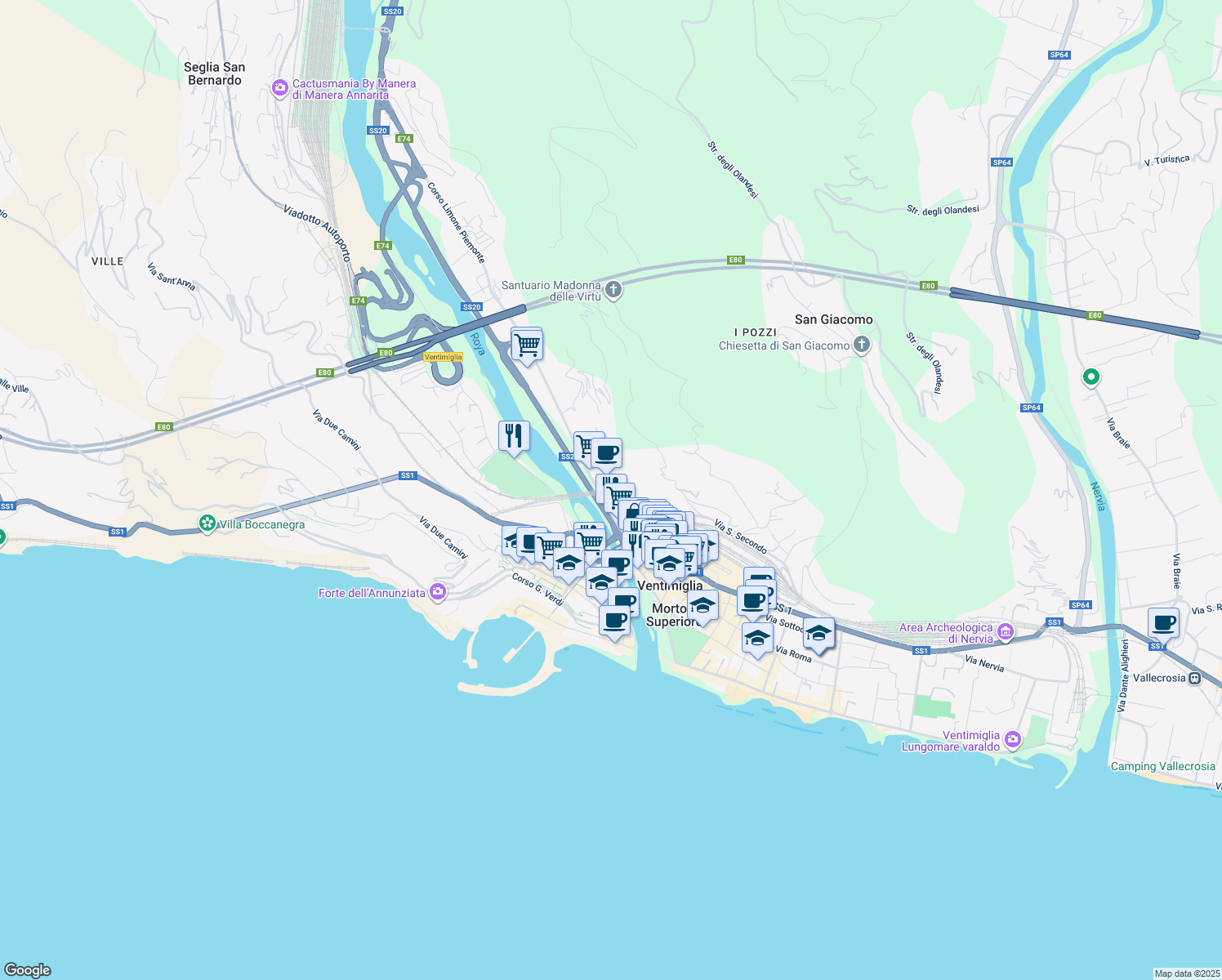 map of restaurants, bars, coffee shops, grocery stores, and more near 5C Via Riccardo Zandonai in Ventimiglia