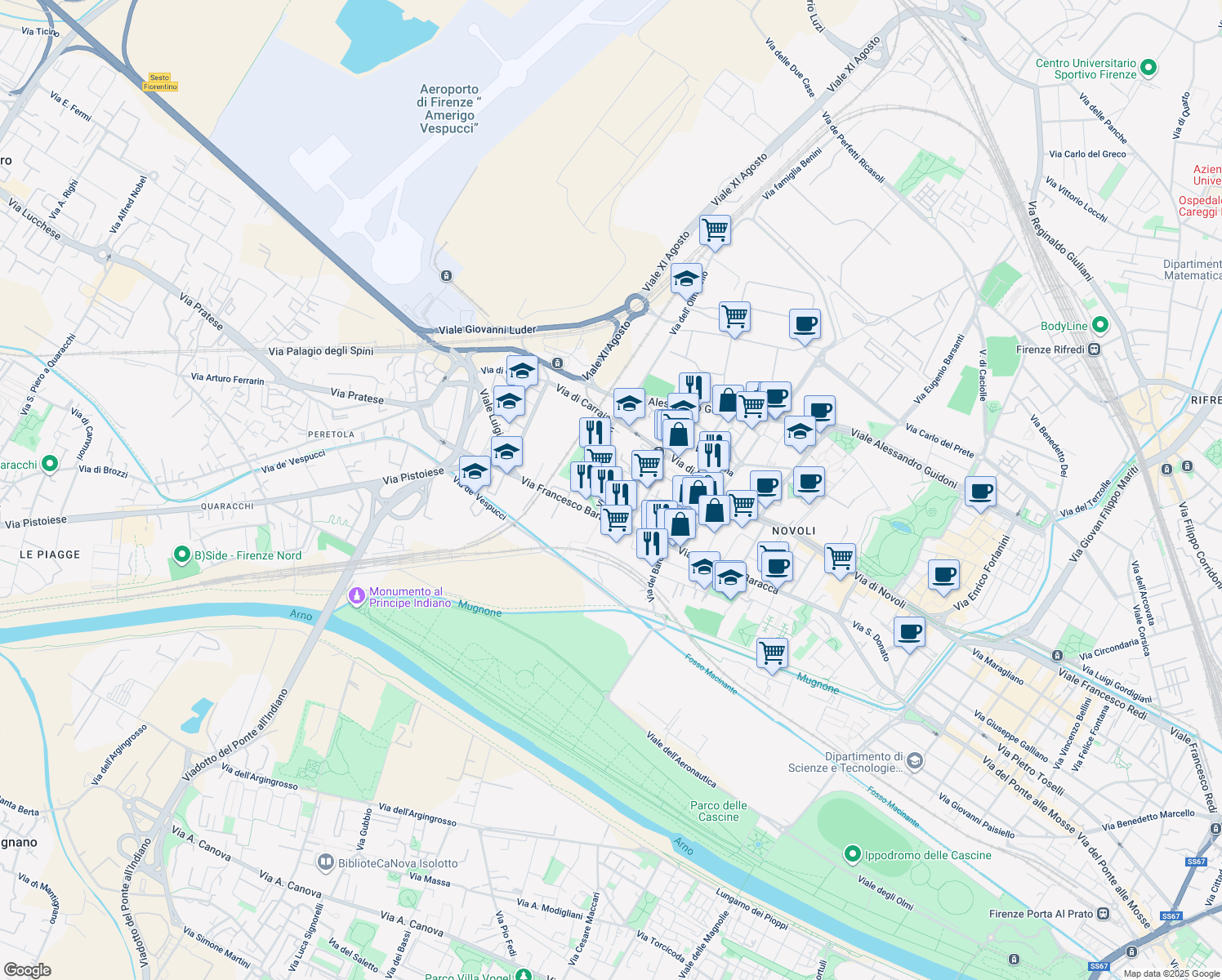 map of restaurants, bars, coffee shops, grocery stores, and more near 66 Via Alessandro Allori in Firenze