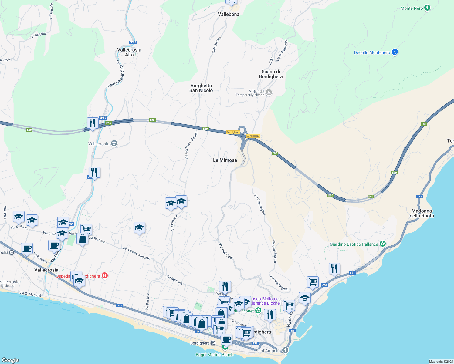 map of restaurants, bars, coffee shops, grocery stores, and more near 3 Via Rivaira in Le Mimose