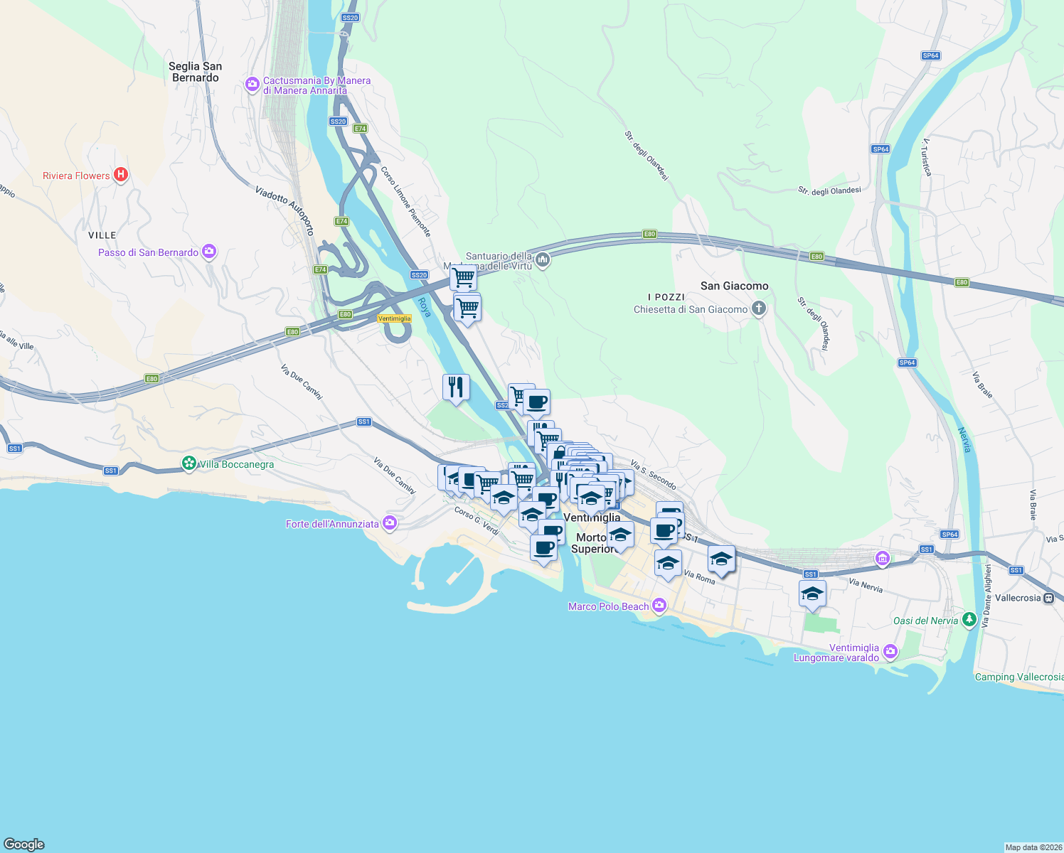 map of restaurants, bars, coffee shops, grocery stores, and more near 4 Via XXV Aprile in Ventimiglia