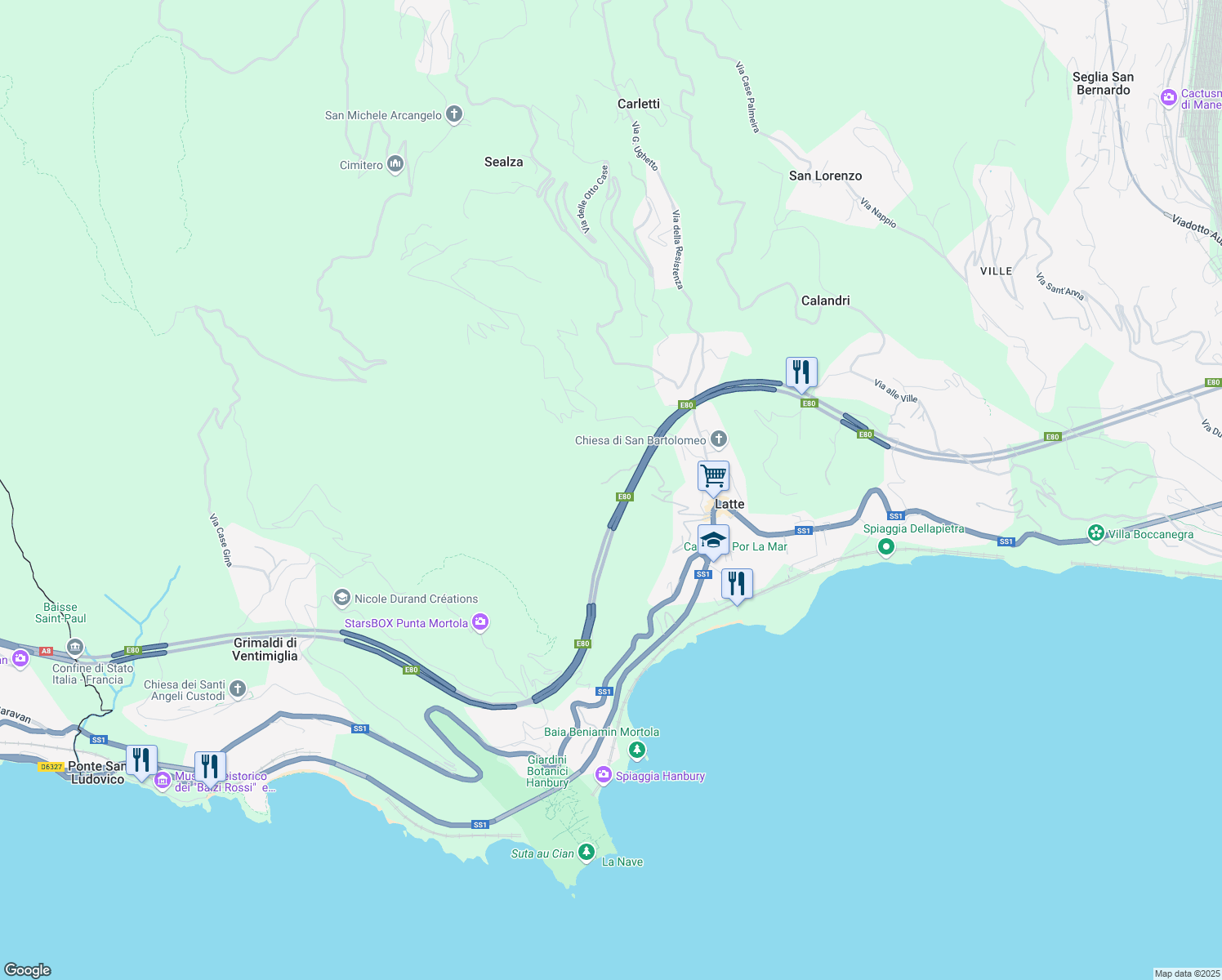 map of restaurants, bars, coffee shops, grocery stores, and more near in Province of Imperia