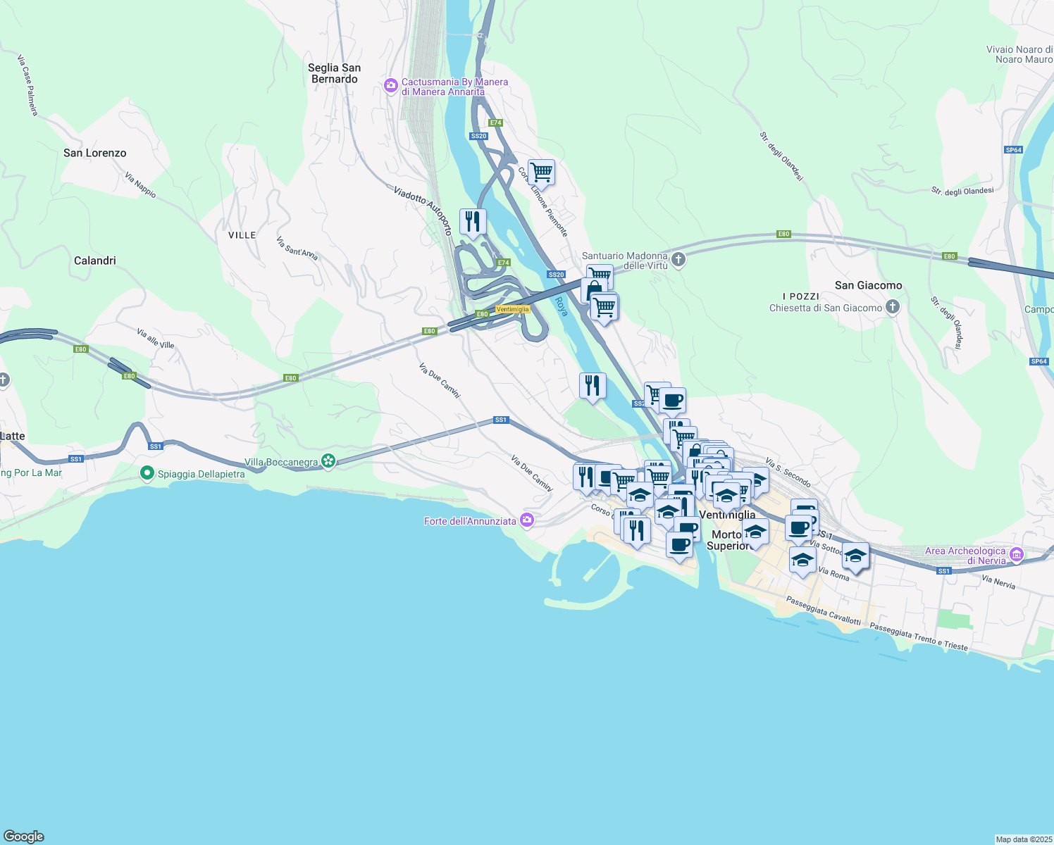 map of restaurants, bars, coffee shops, grocery stores, and more near 10 Via Gallardi in Ventimiglia