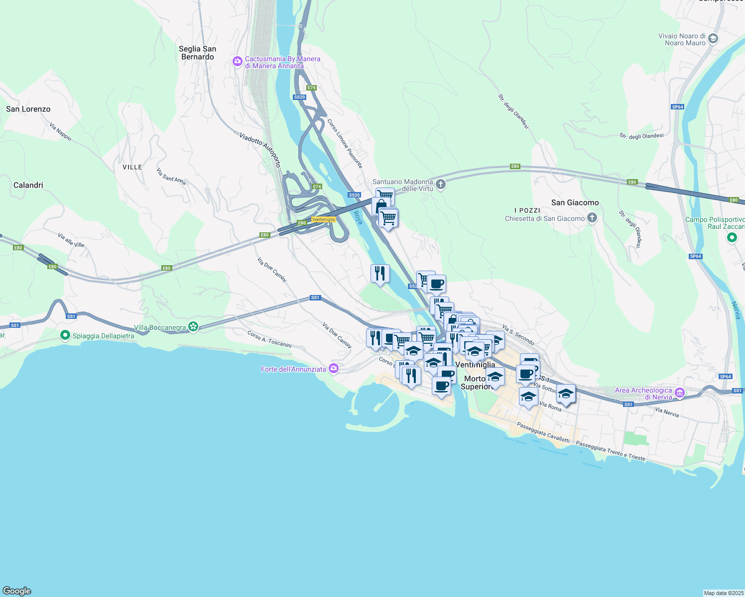 map of restaurants, bars, coffee shops, grocery stores, and more near 13 Via G. Freccero in Ventimiglia