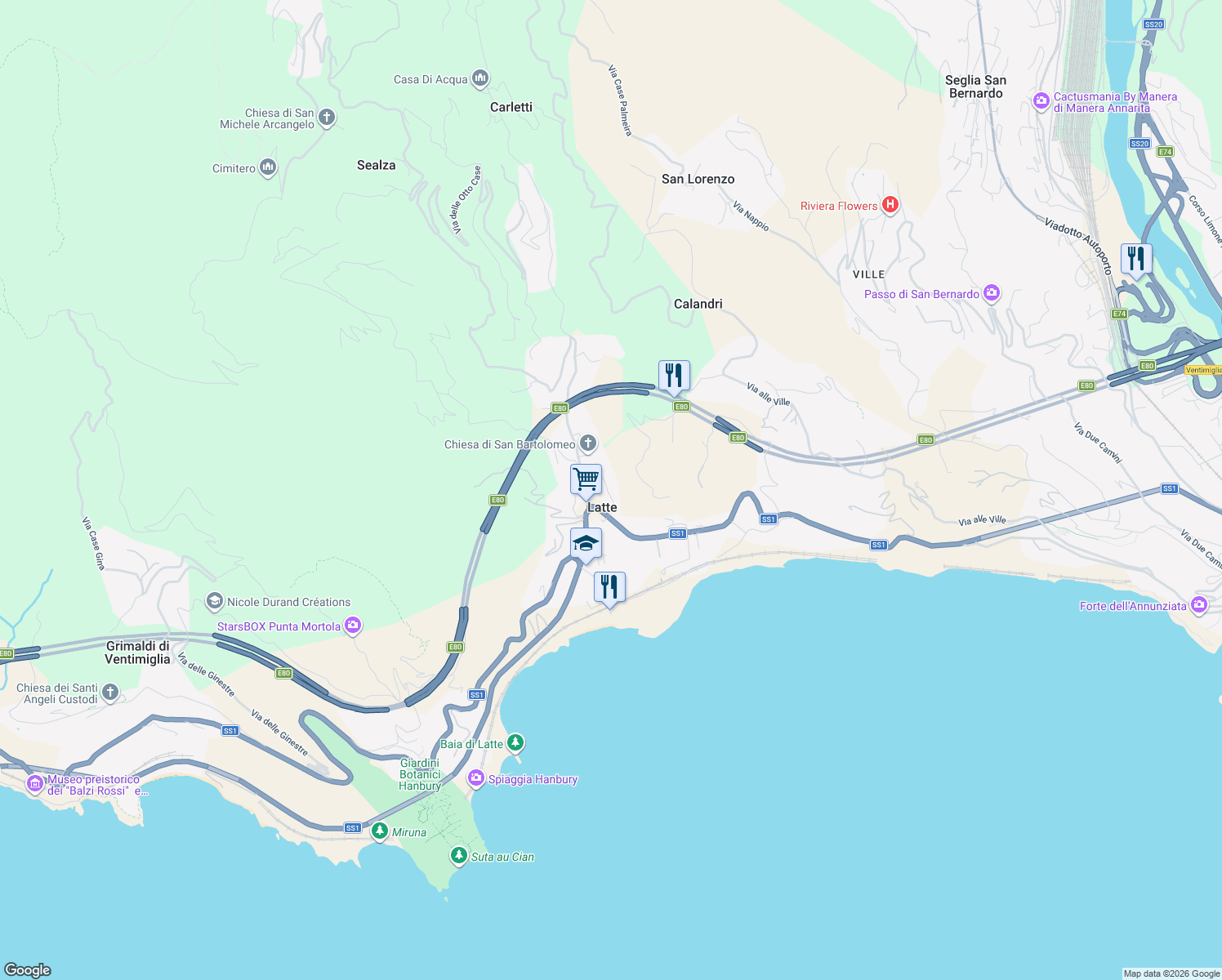 map of restaurants, bars, coffee shops, grocery stores, and more near 22/A Via Anacleto Hughes in Latte