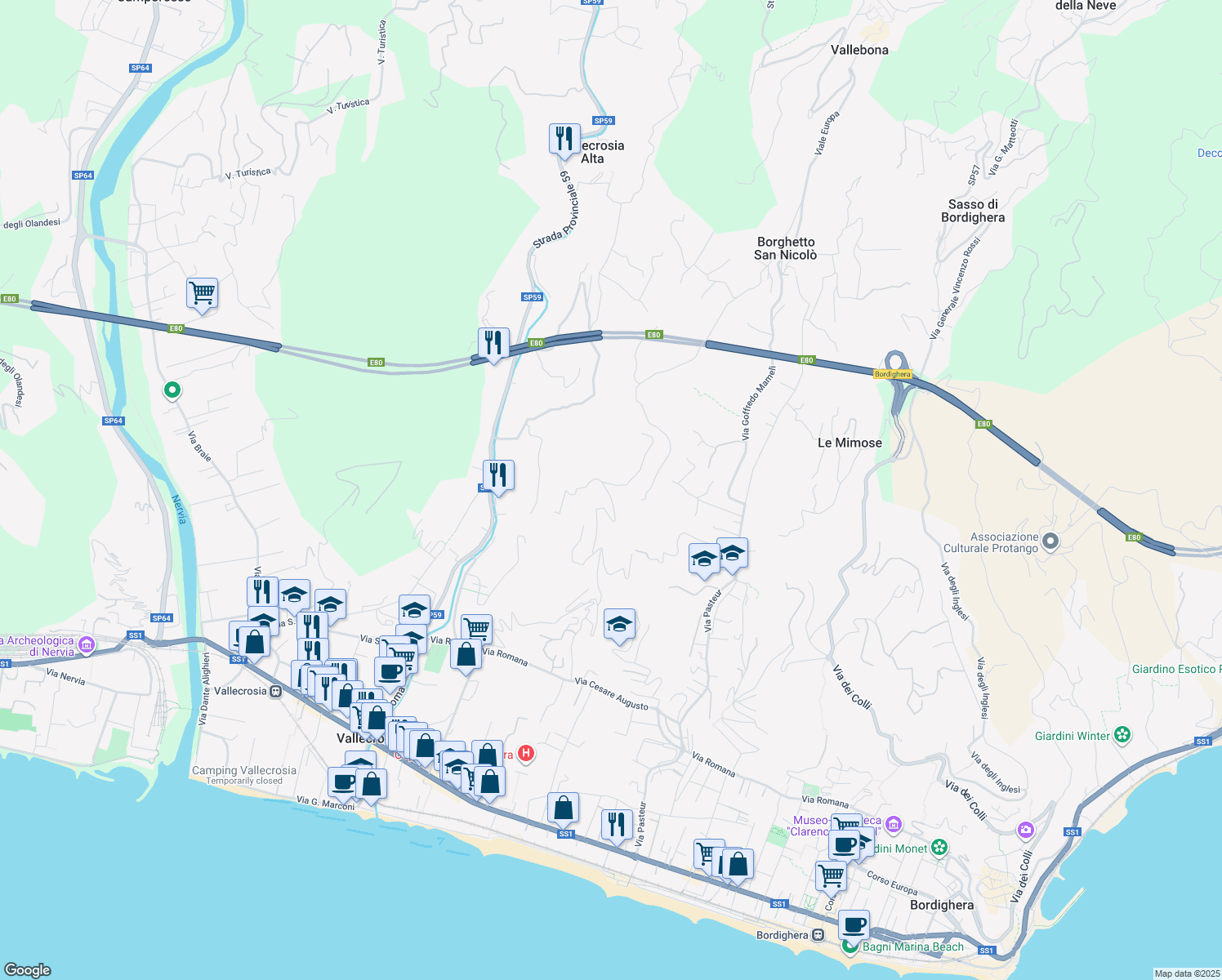 map of restaurants, bars, coffee shops, grocery stores, and more near 34 Via Conca Verde in Provincia di Imperia
