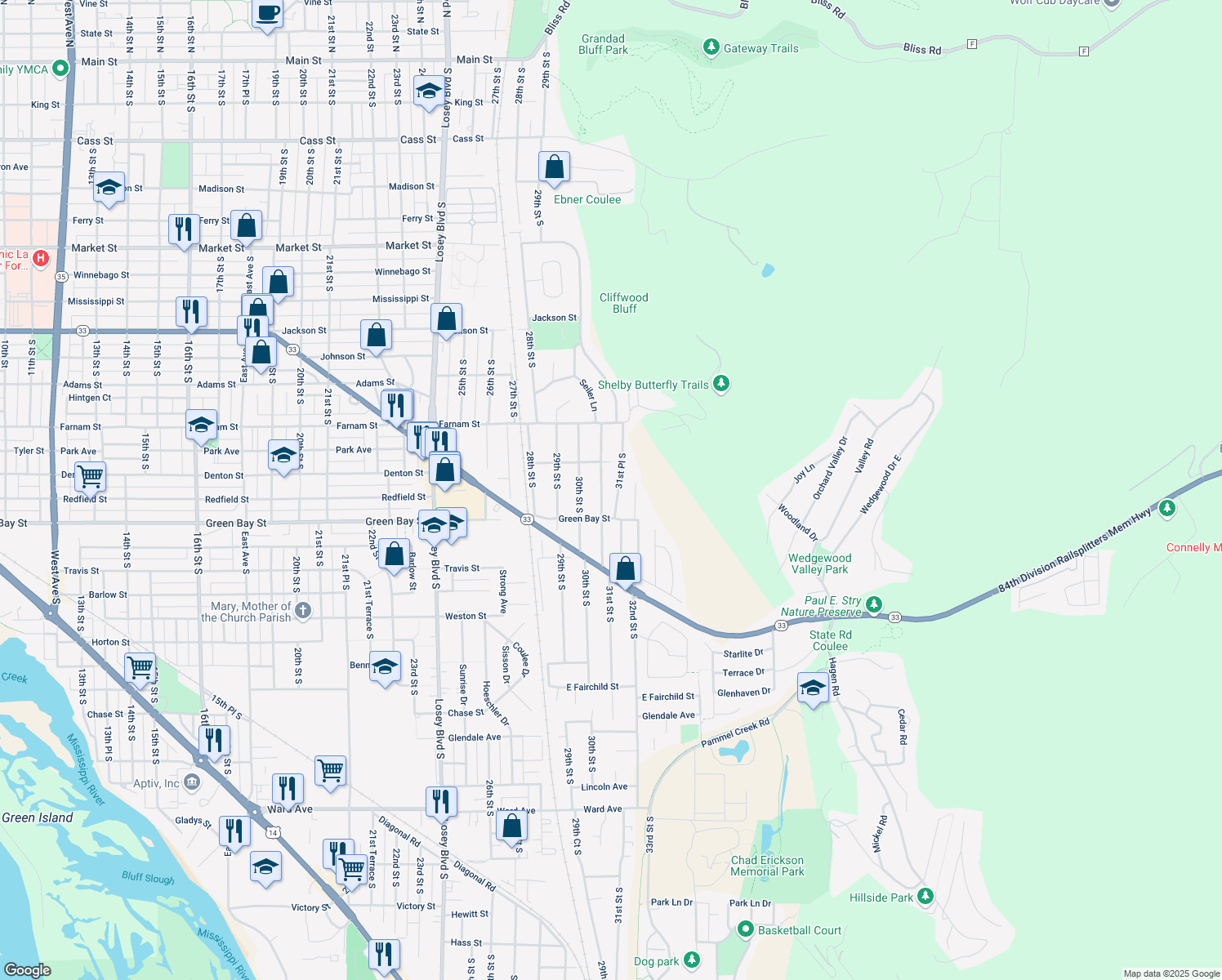 map of restaurants, bars, coffee shops, grocery stores, and more near 1535 31st St S in La Crosse