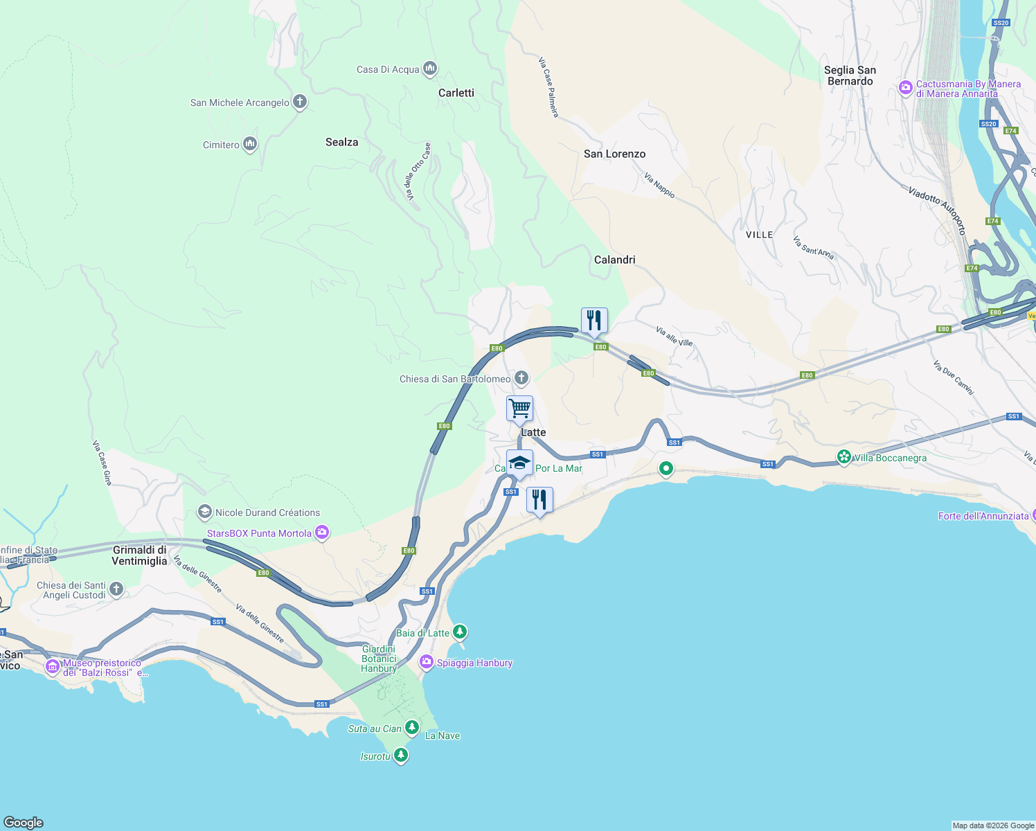 map of restaurants, bars, coffee shops, grocery stores, and more near 13 Via L. Alborno in Latte