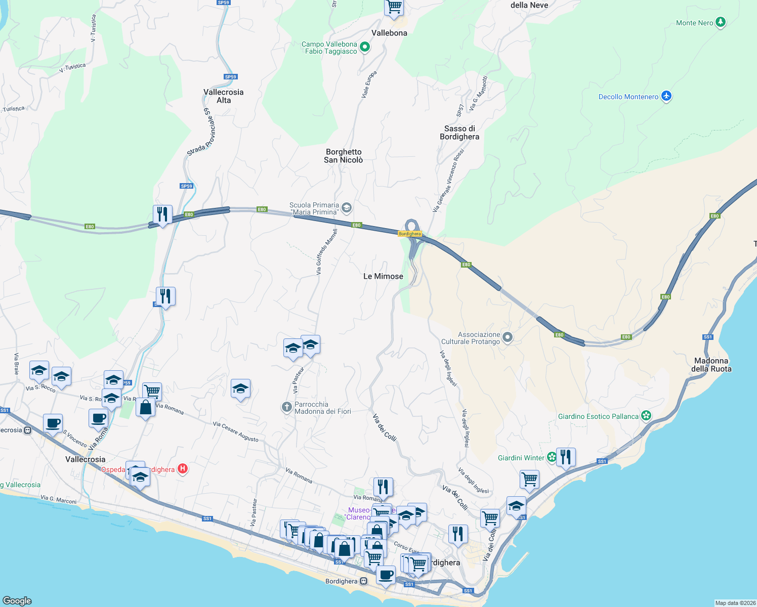 map of restaurants, bars, coffee shops, grocery stores, and more near 3 Via Rivaira in Le Mimose