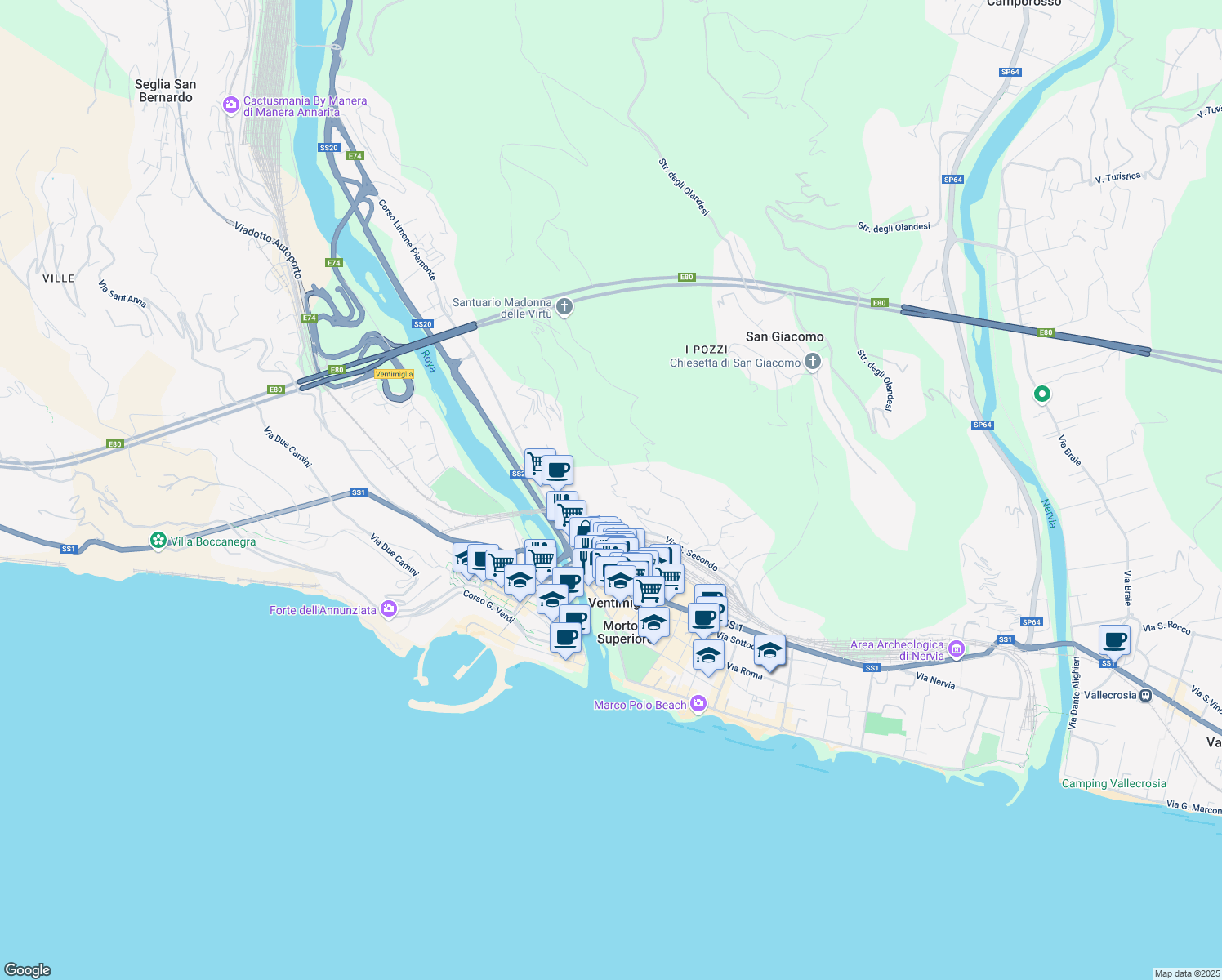 map of restaurants, bars, coffee shops, grocery stores, and more near 30 Via Bandette in Ventimiglia