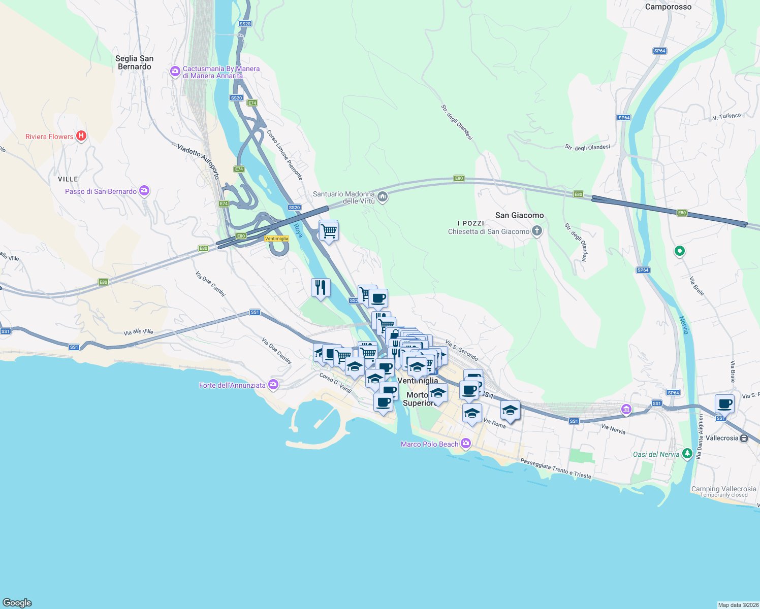 map of restaurants, bars, coffee shops, grocery stores, and more near 5C Via Riccardo Zandonai in Ventimiglia