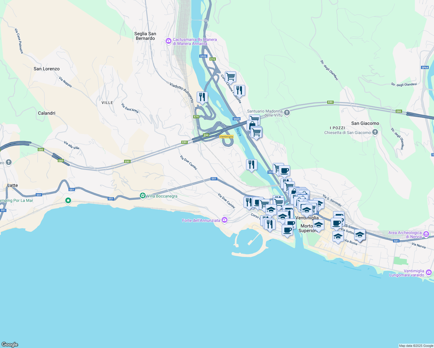 map of restaurants, bars, coffee shops, grocery stores, and more near 3a Via Gallardi in Ventimiglia