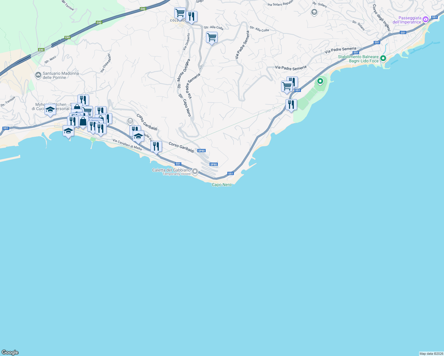 map of restaurants, bars, coffee shops, grocery stores, and more near 420 Corso Guglielmo Marconi in Sanremo