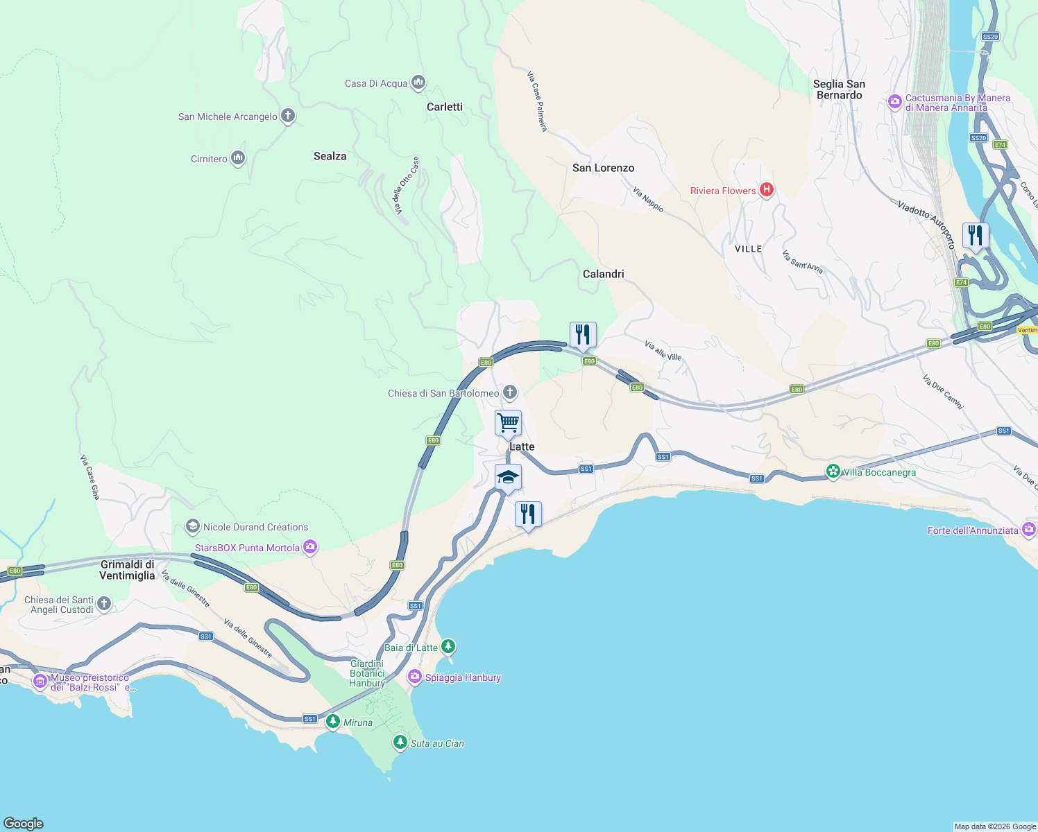map of restaurants, bars, coffee shops, grocery stores, and more near 22/A Via Anacleto Hughes in Latte