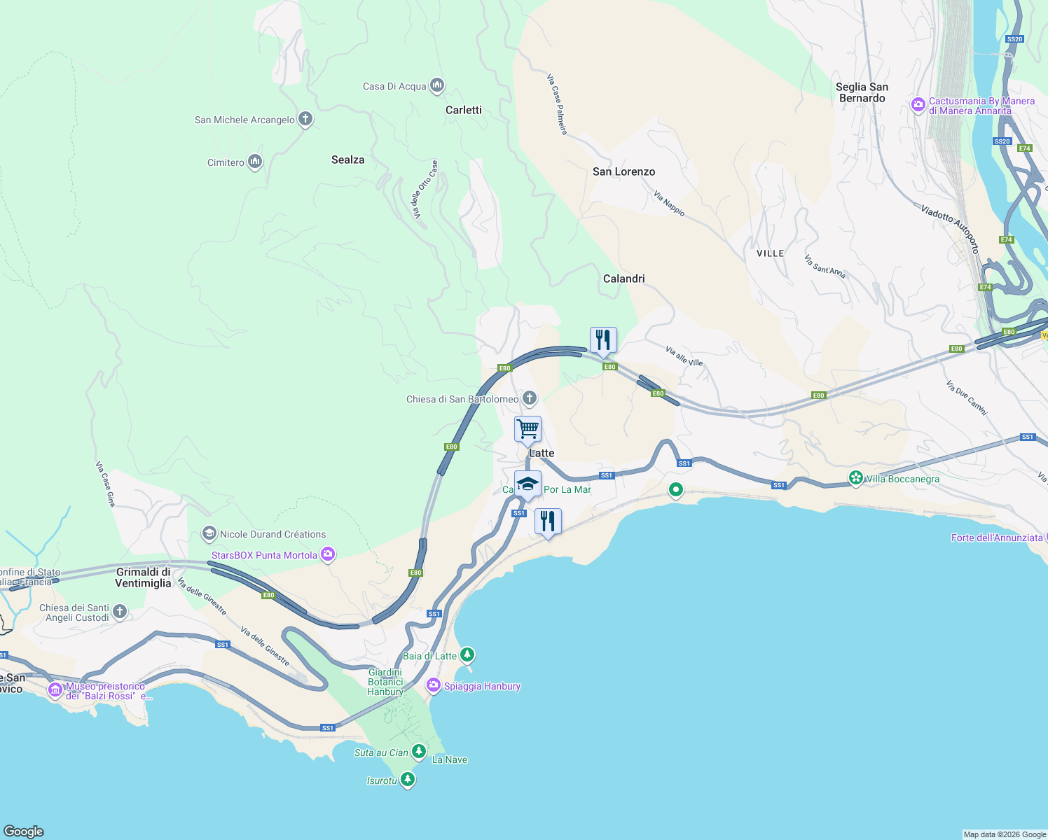map of restaurants, bars, coffee shops, grocery stores, and more near 13 Via L. Alborno in Latte