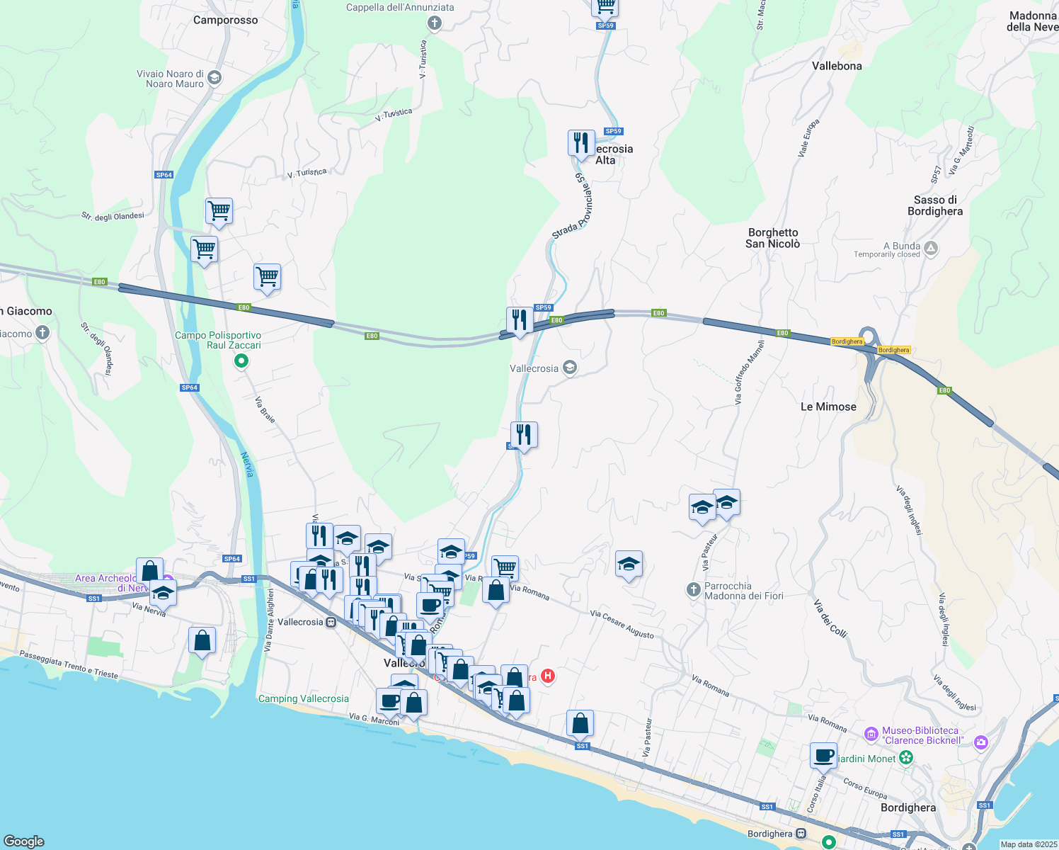 map of restaurants, bars, coffee shops, grocery stores, and more near 1 Via Roma Traversa I in Provincia di Imperia