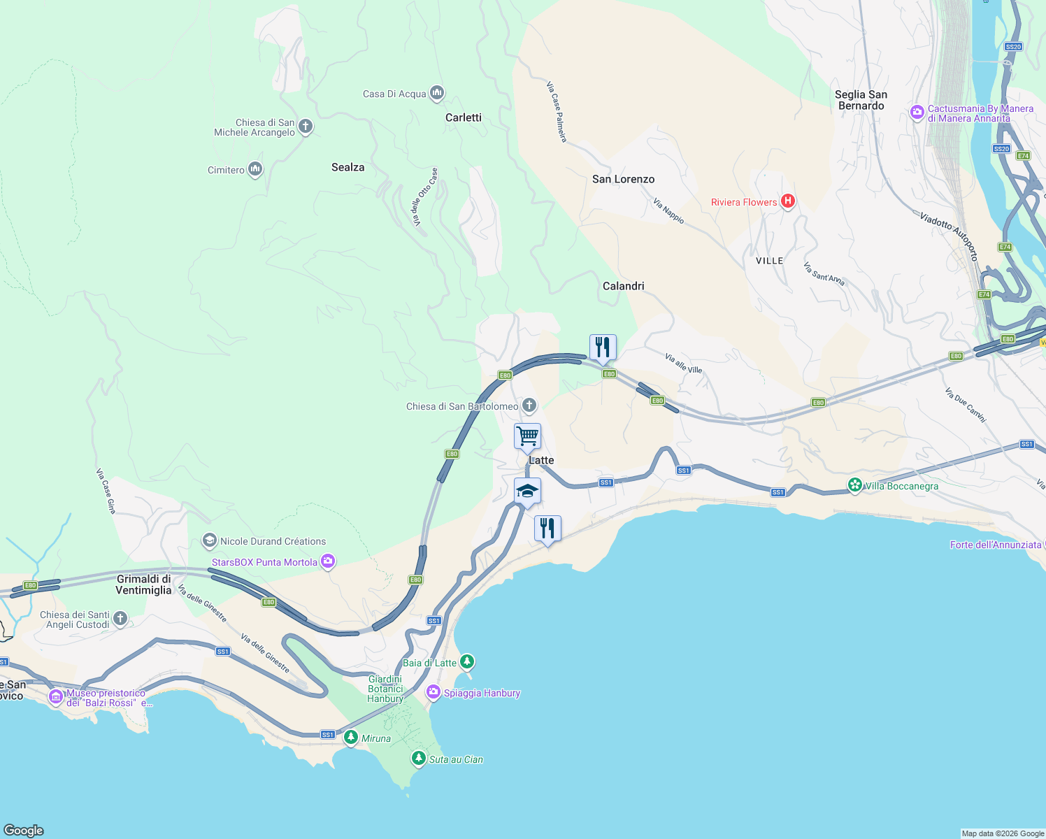 map of restaurants, bars, coffee shops, grocery stores, and more near 1 Via Anacleto Hughes in Latte