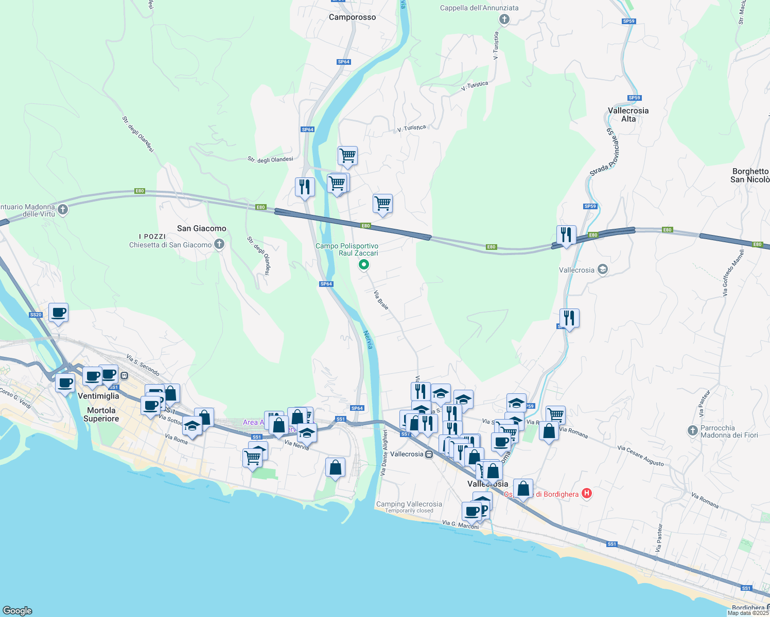 map of restaurants, bars, coffee shops, grocery stores, and more near 225 Via Braie in Camporosso