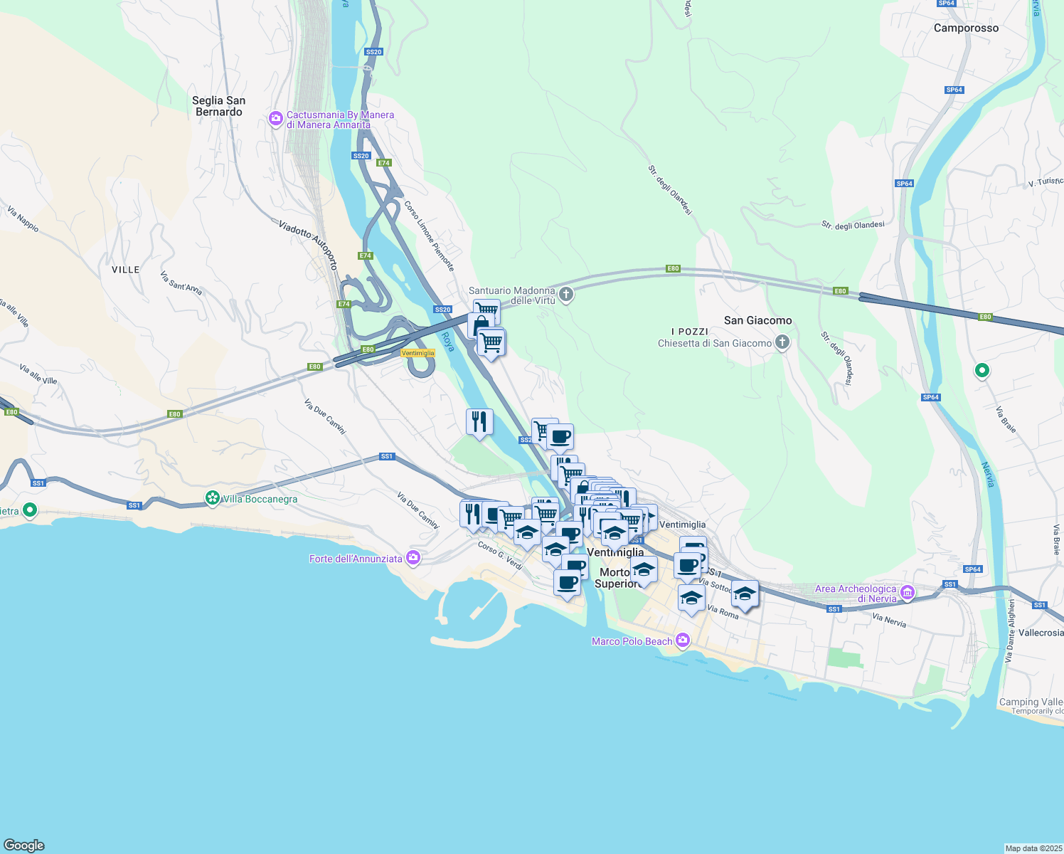 map of restaurants, bars, coffee shops, grocery stores, and more near Via Tenda in Ventimiglia
