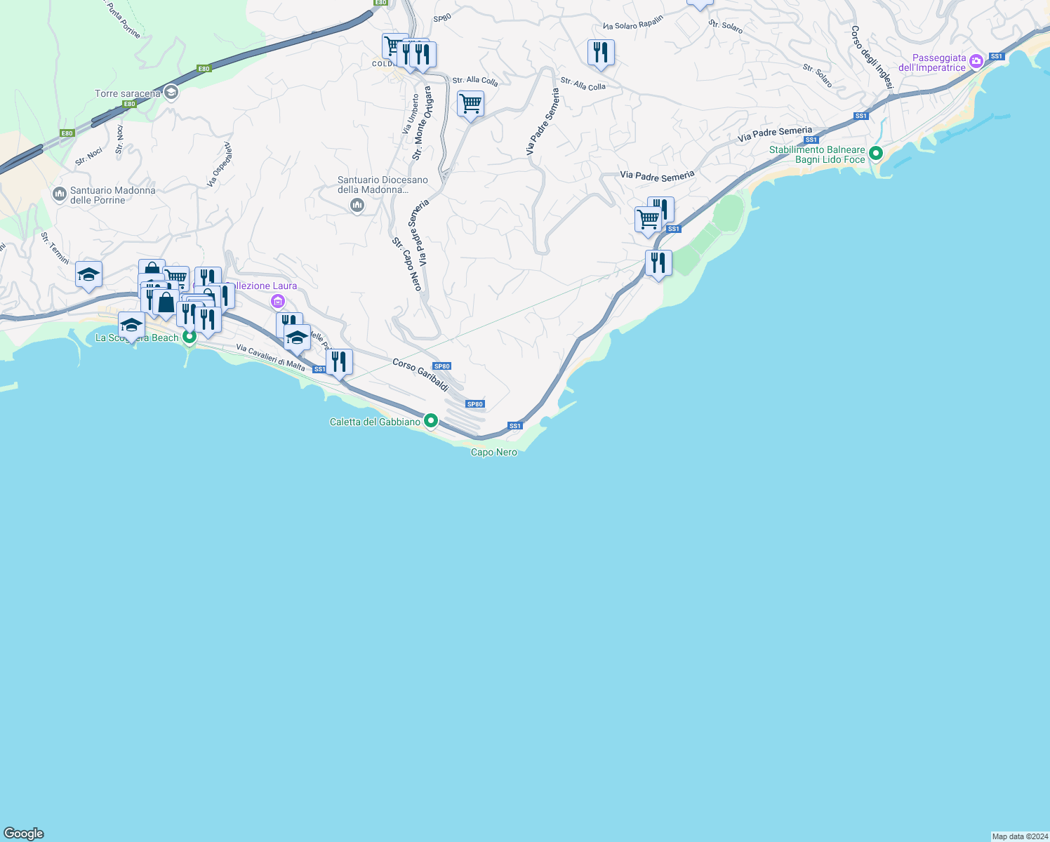 map of restaurants, bars, coffee shops, grocery stores, and more near Strada Statale 1 in Sanremo