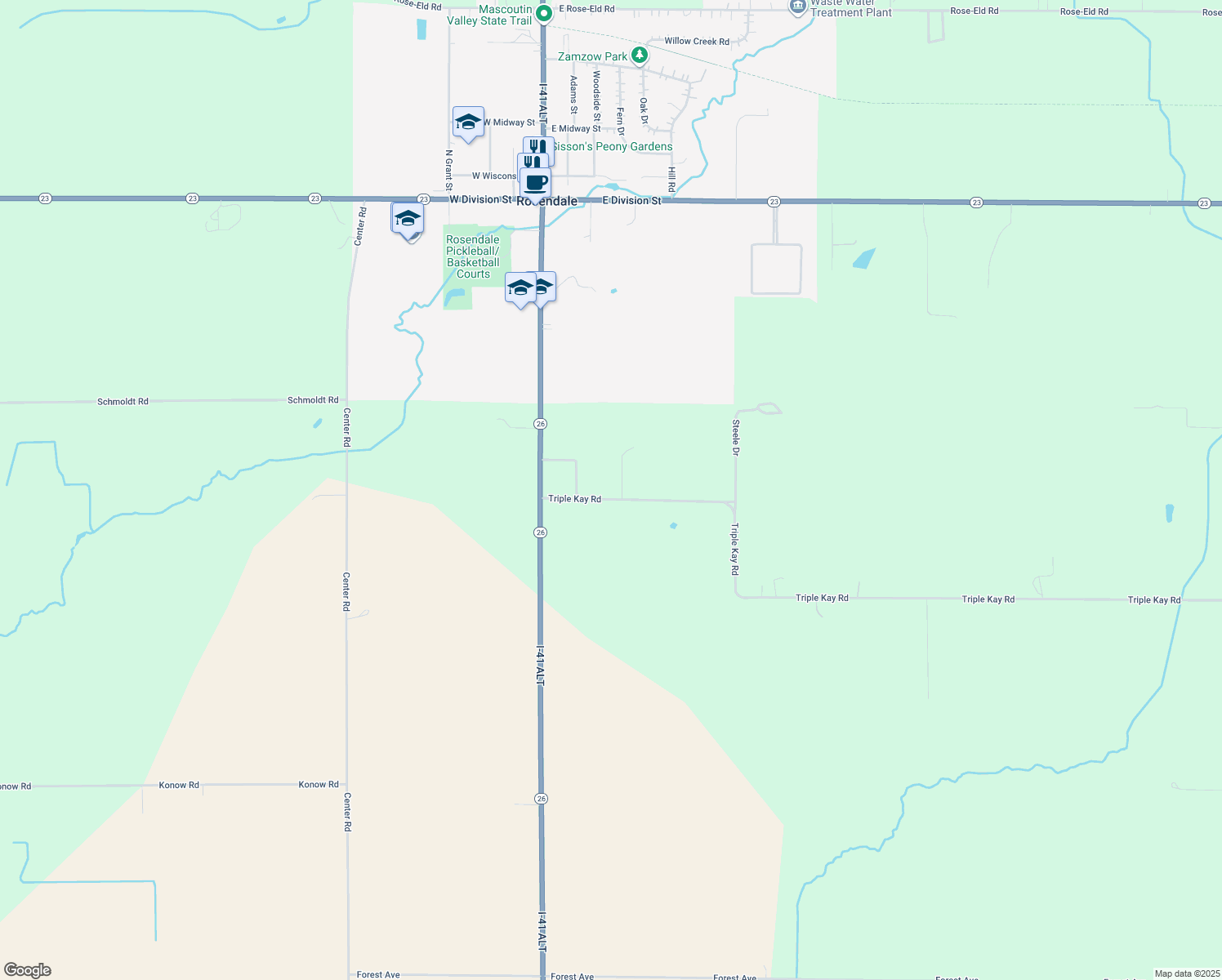 map of restaurants, bars, coffee shops, grocery stores, and more near W10227 Triple Kay Road in Rosendale