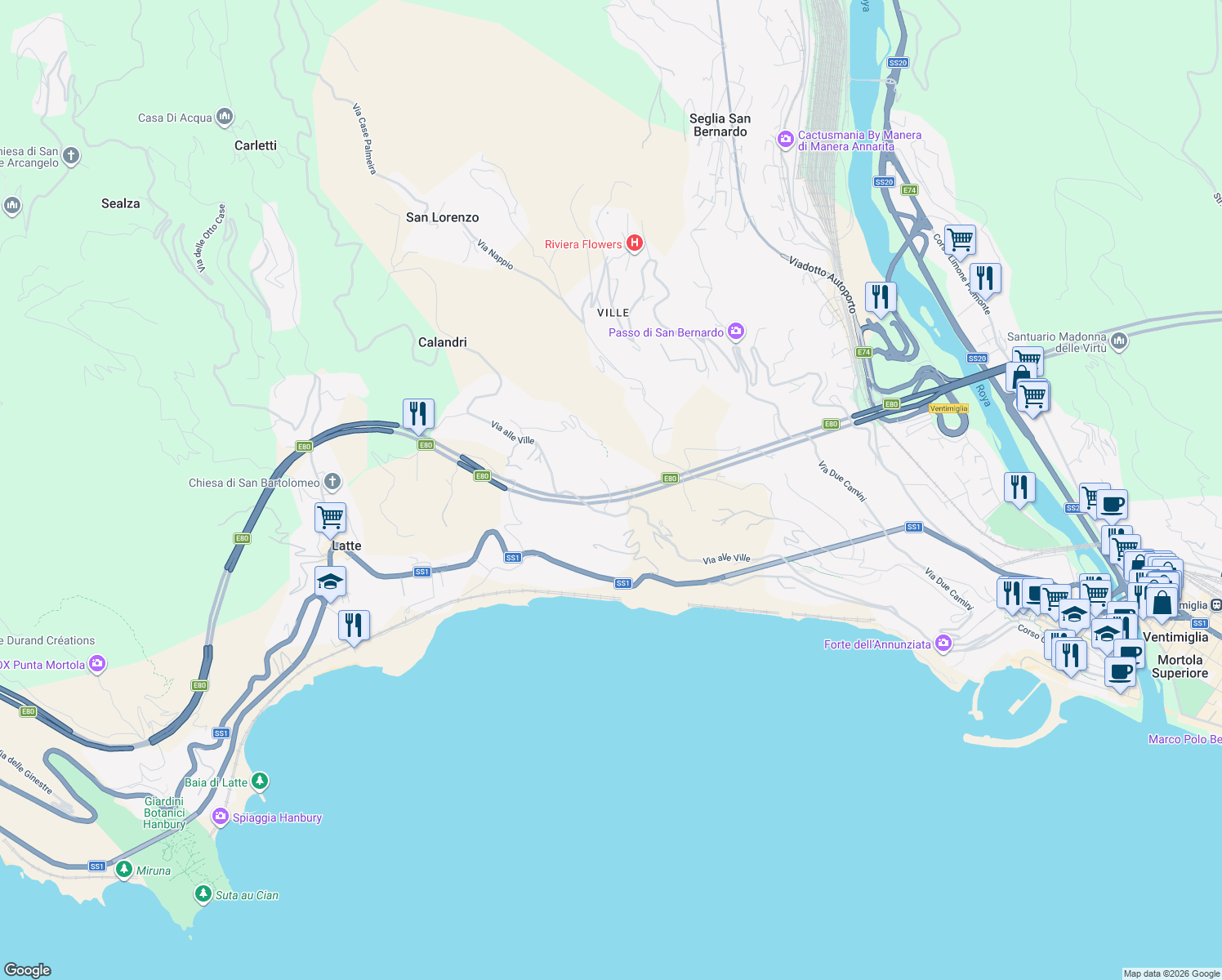 map of restaurants, bars, coffee shops, grocery stores, and more near 10 Località Ville Superiori in Latte