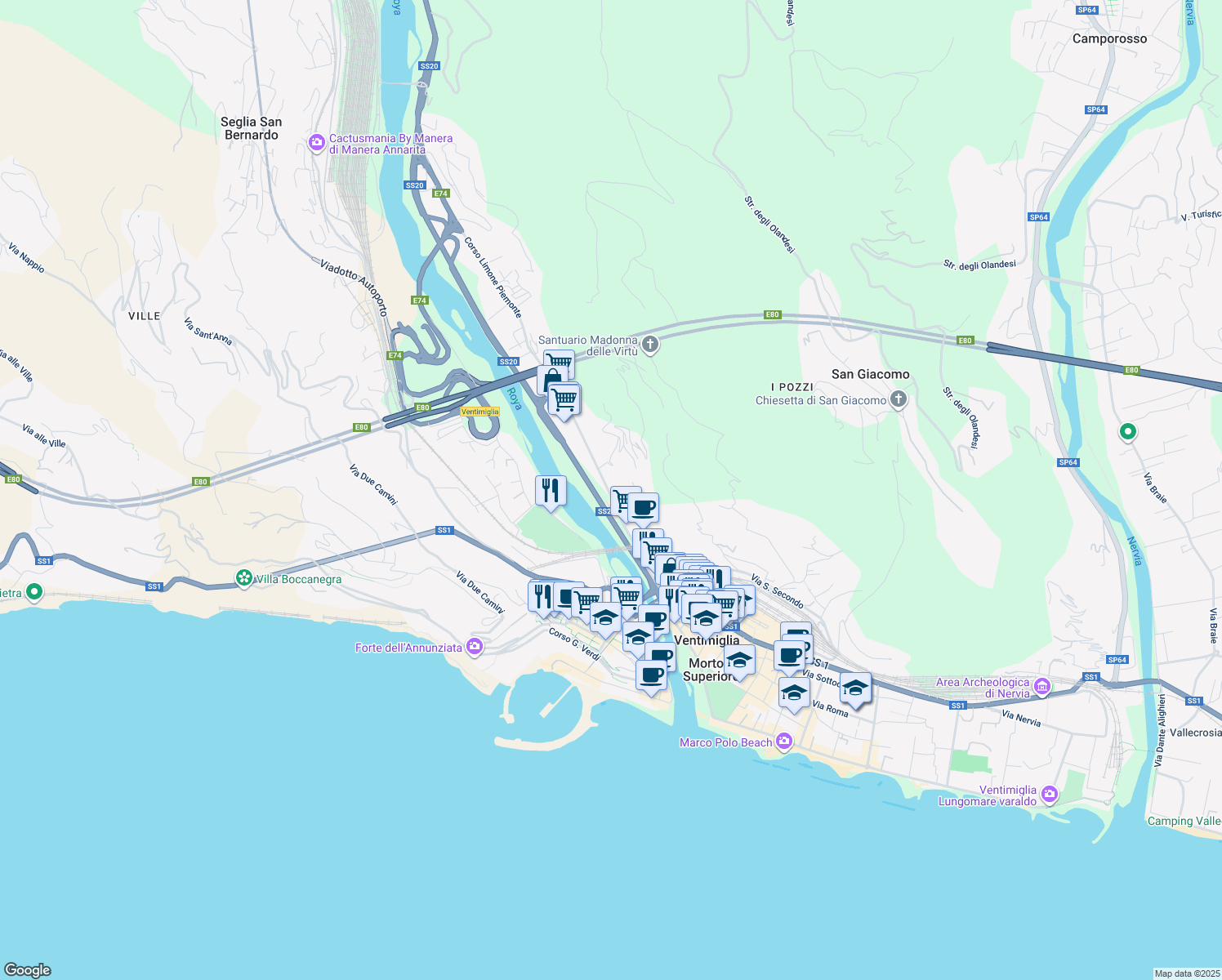 map of restaurants, bars, coffee shops, grocery stores, and more near 62 Via Tenda in Ventimiglia