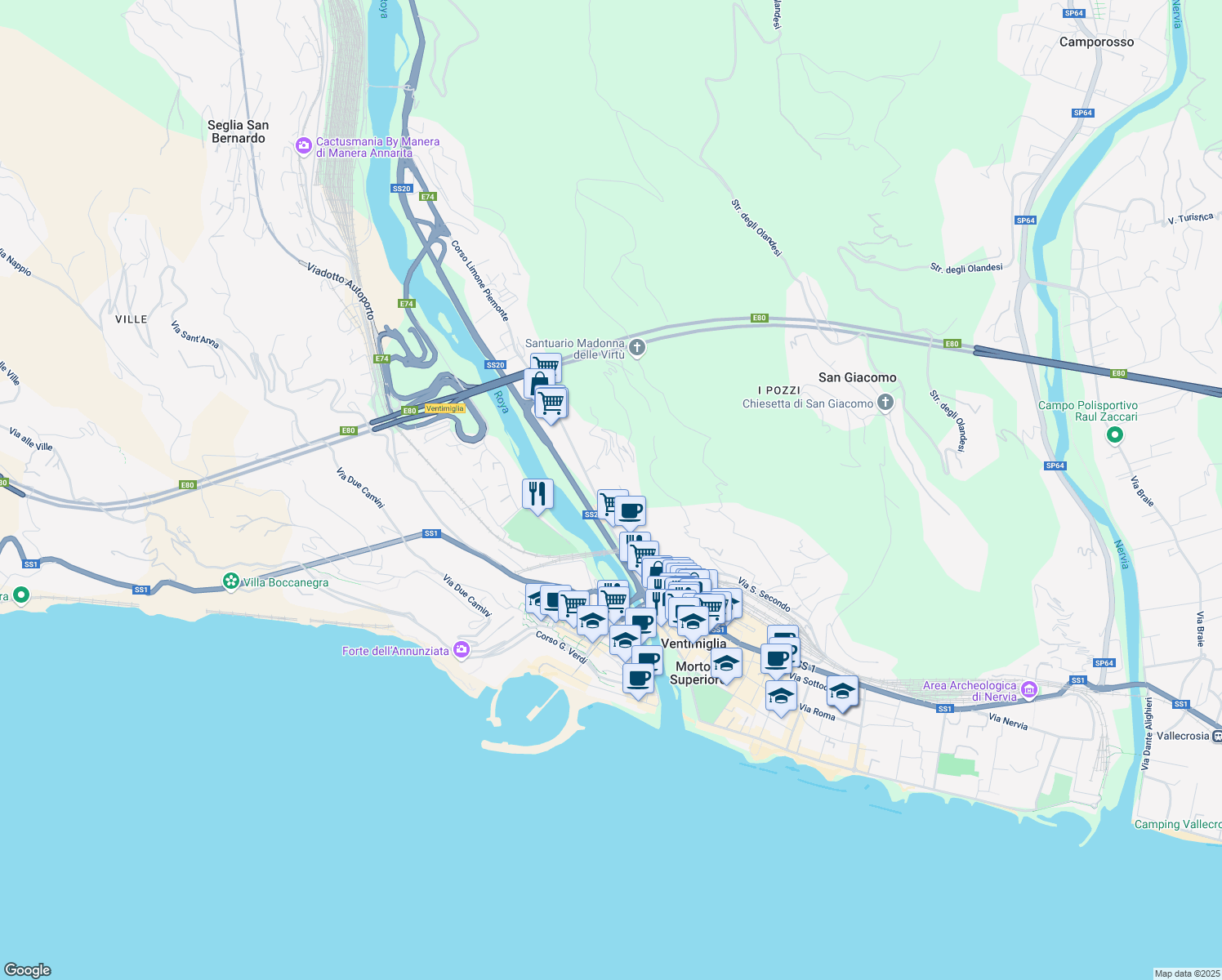 map of restaurants, bars, coffee shops, grocery stores, and more near 46A Via Tenda in Ventimiglia