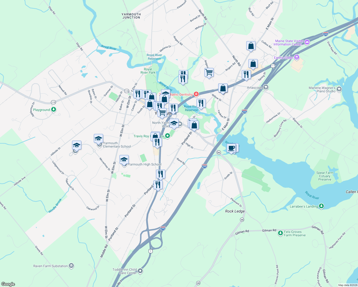 map of restaurants, bars, coffee shops, grocery stores, and more near 67 Portland Street in Yarmouth
