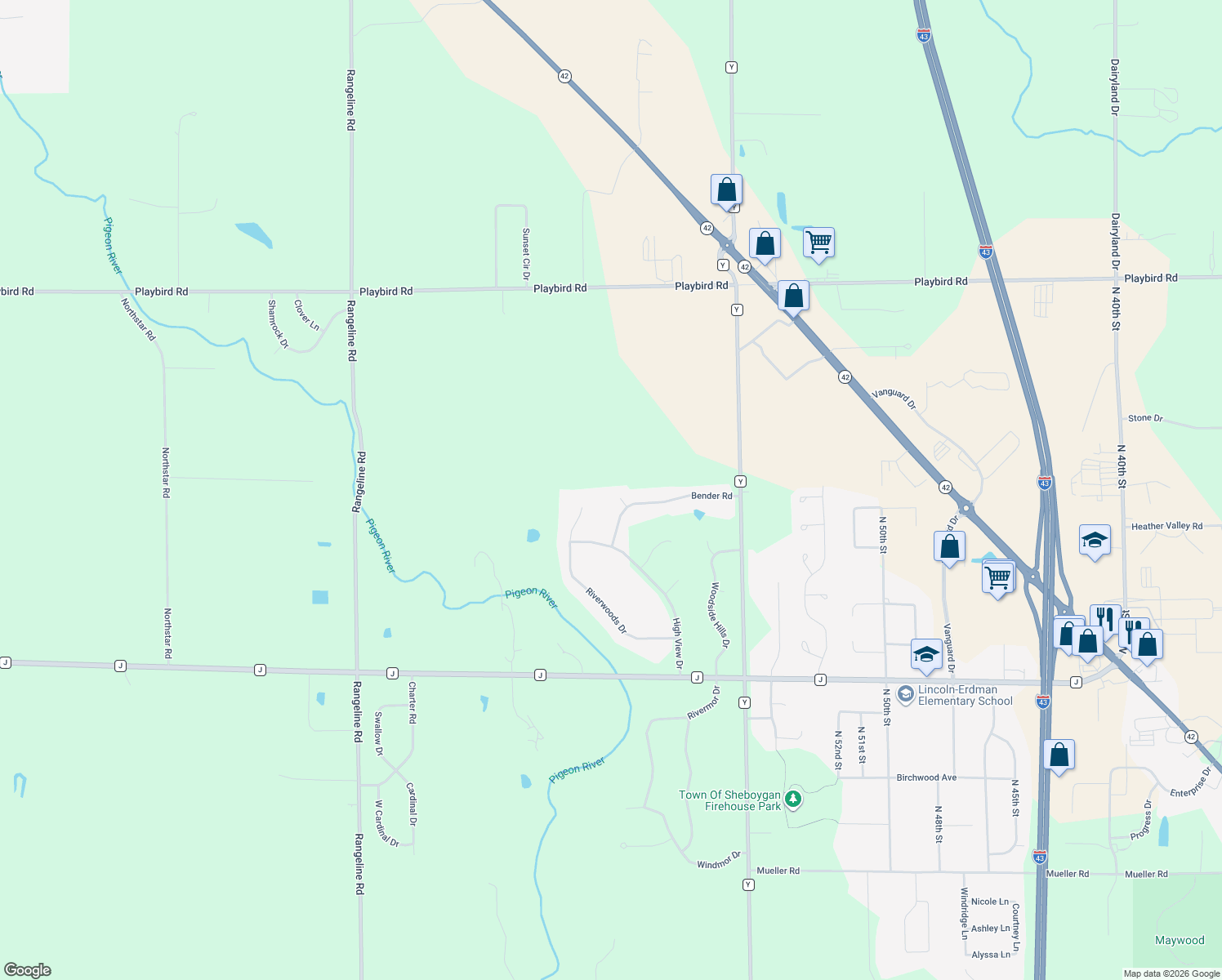 map of restaurants, bars, coffee shops, grocery stores, and more near N7110 Bender Court in Sheboygan
