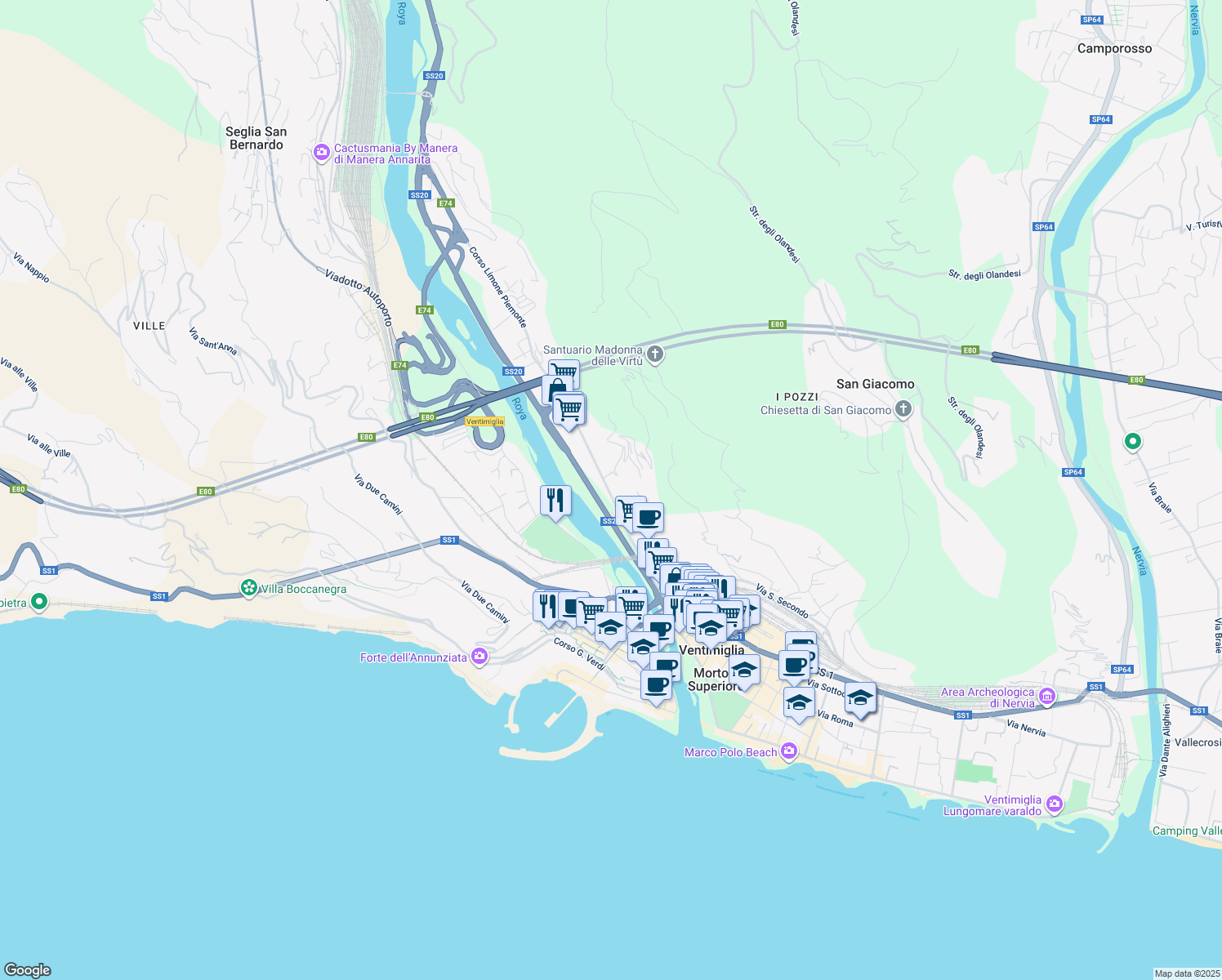 map of restaurants, bars, coffee shops, grocery stores, and more near 62 Via Tenda in Ventimiglia