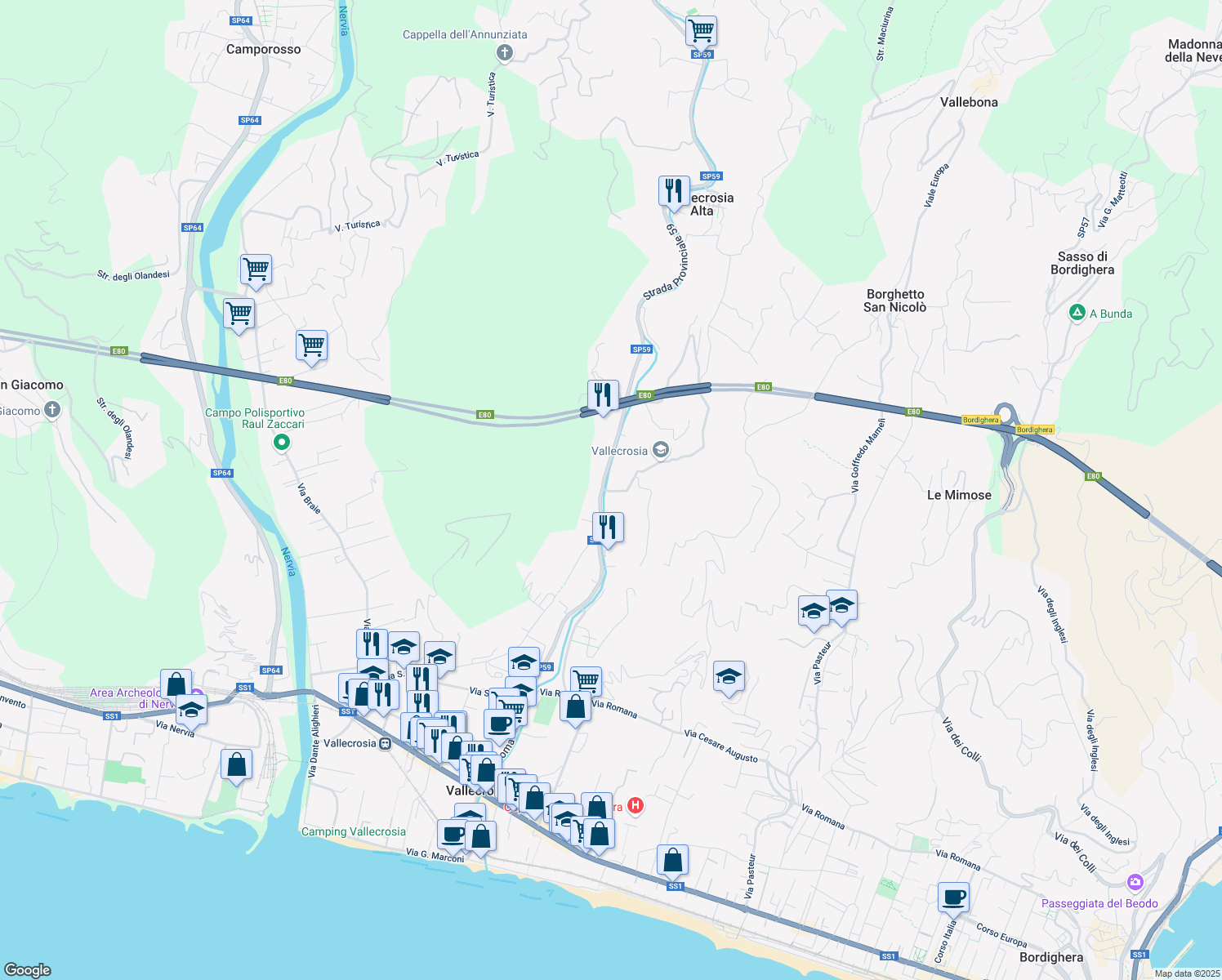 map of restaurants, bars, coffee shops, grocery stores, and more near 1 Via Roma Traversa I in Provincia di Imperia
