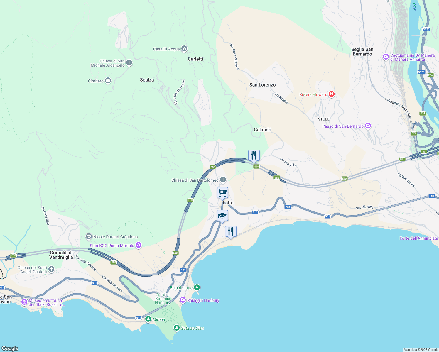 map of restaurants, bars, coffee shops, grocery stores, and more near 1 Via Anacleto Hughes in Latte