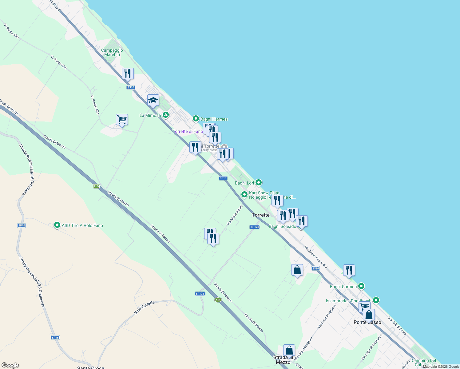 map of restaurants, bars, coffee shops, grocery stores, and more near 301 Strada Nazionale Adriatica Sud in Marotta