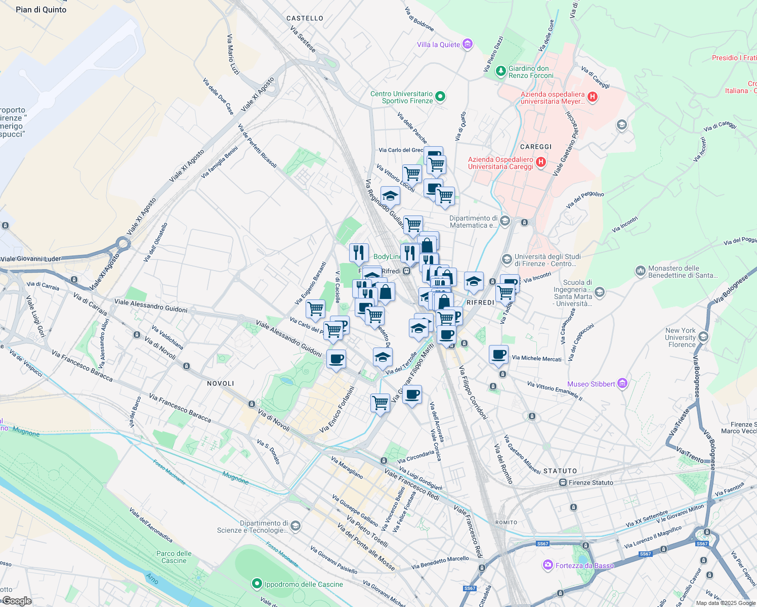 map of restaurants, bars, coffee shops, grocery stores, and more near 43 Via dei Caboto in Firenze