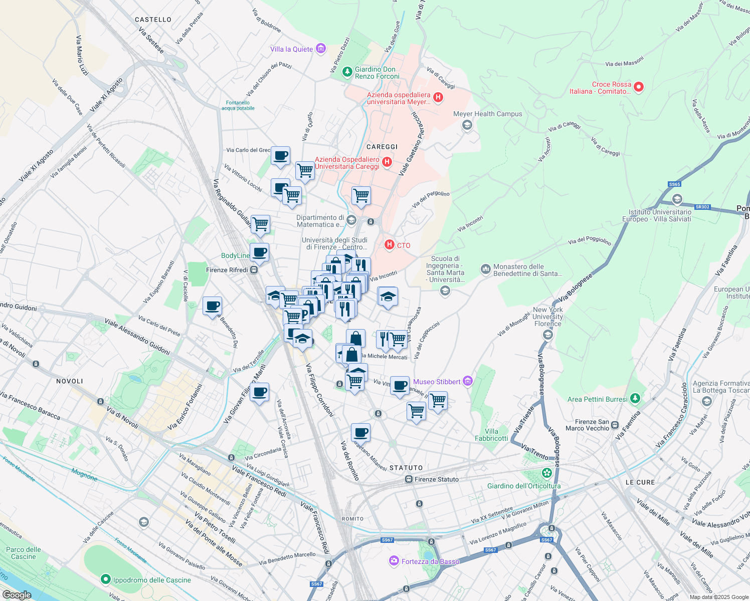 map of restaurants, bars, coffee shops, grocery stores, and more near 20 Via Pietro Grocco in Florence