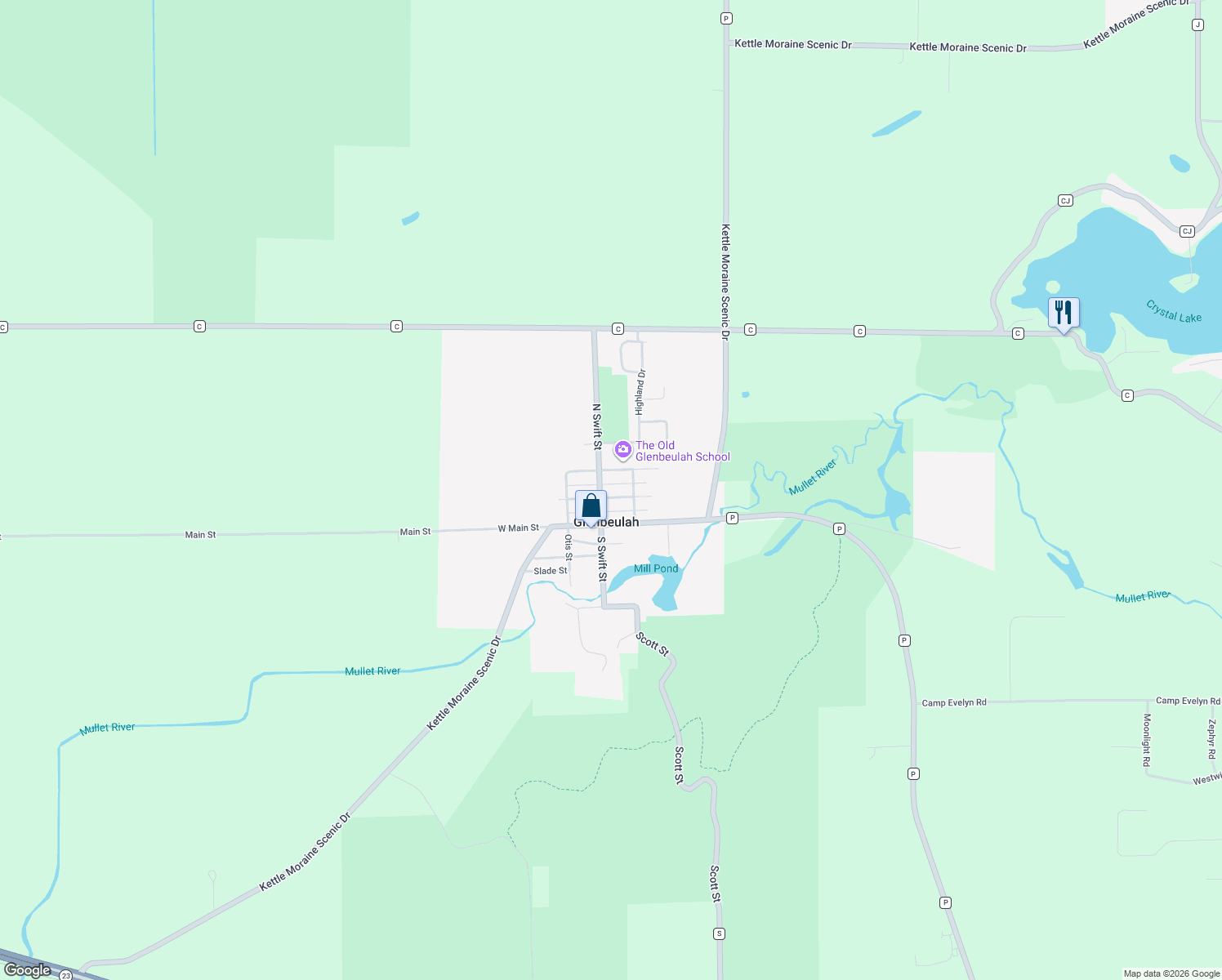 map of restaurants, bars, coffee shops, grocery stores, and more near 203 N Swift St in Glenbeulah