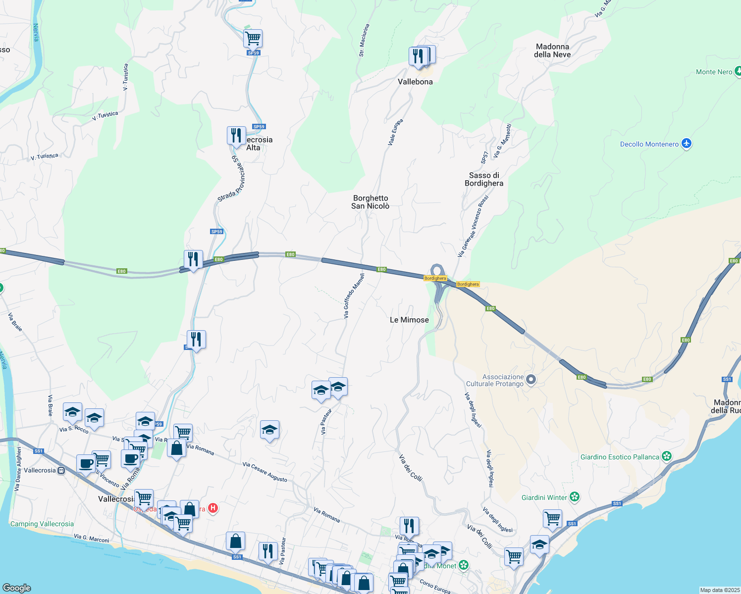 map of restaurants, bars, coffee shops, grocery stores, and more near 279 Via Pasteur in Bordighera