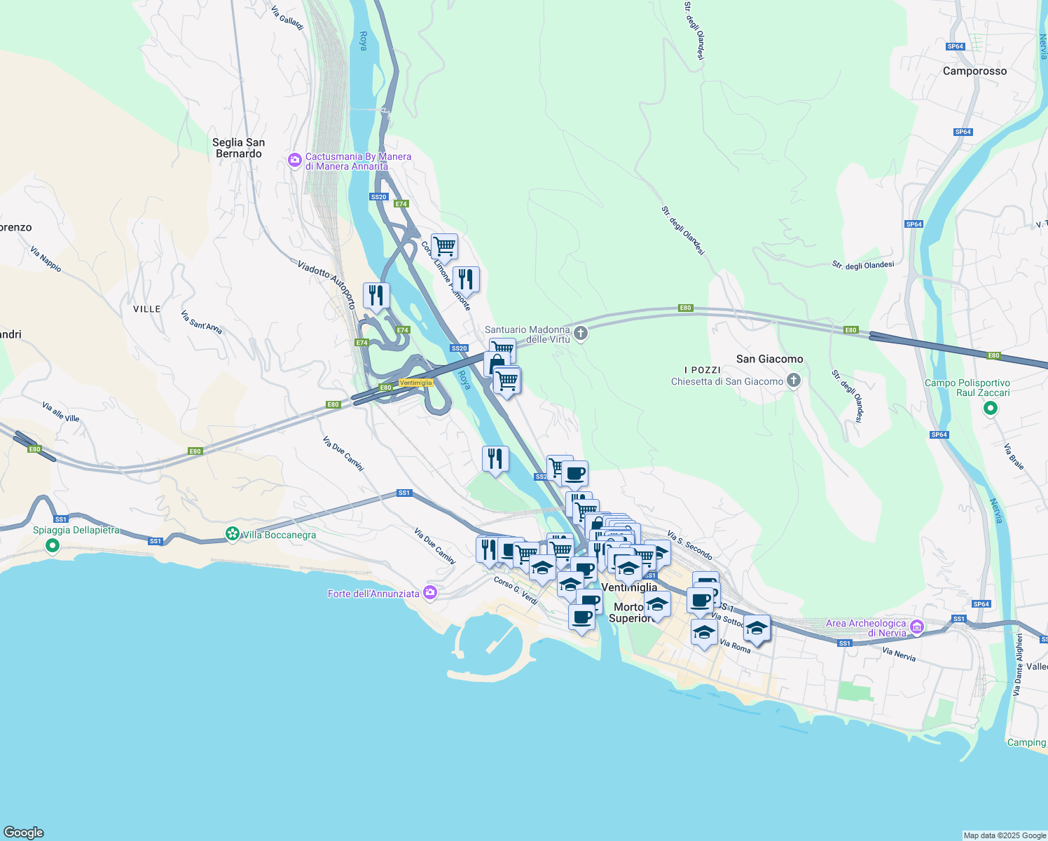 map of restaurants, bars, coffee shops, grocery stores, and more near 630 Via Tenda in Ventimiglia