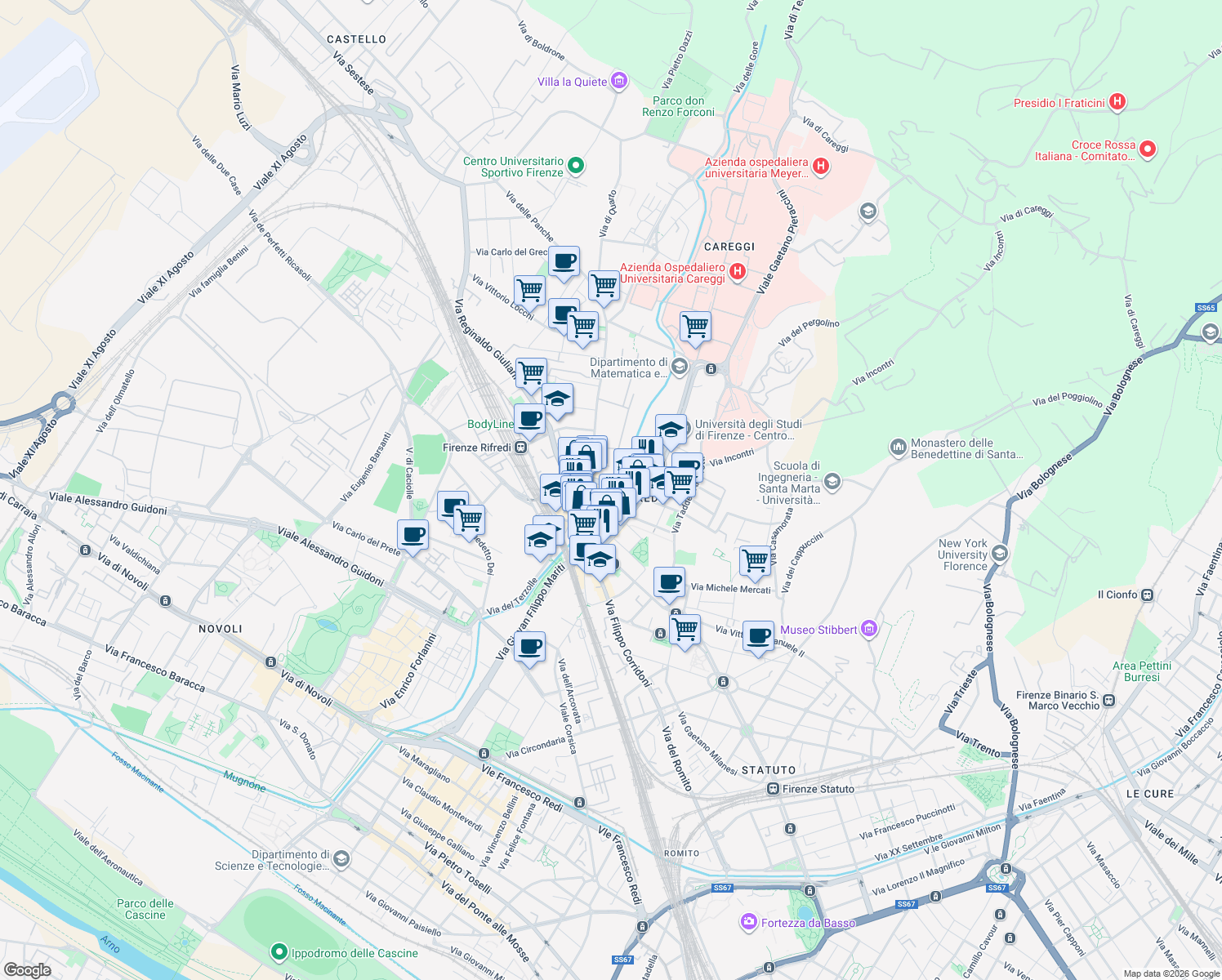 map of restaurants, bars, coffee shops, grocery stores, and more near 12 Via di Santo Stefano in Pane in Florence
