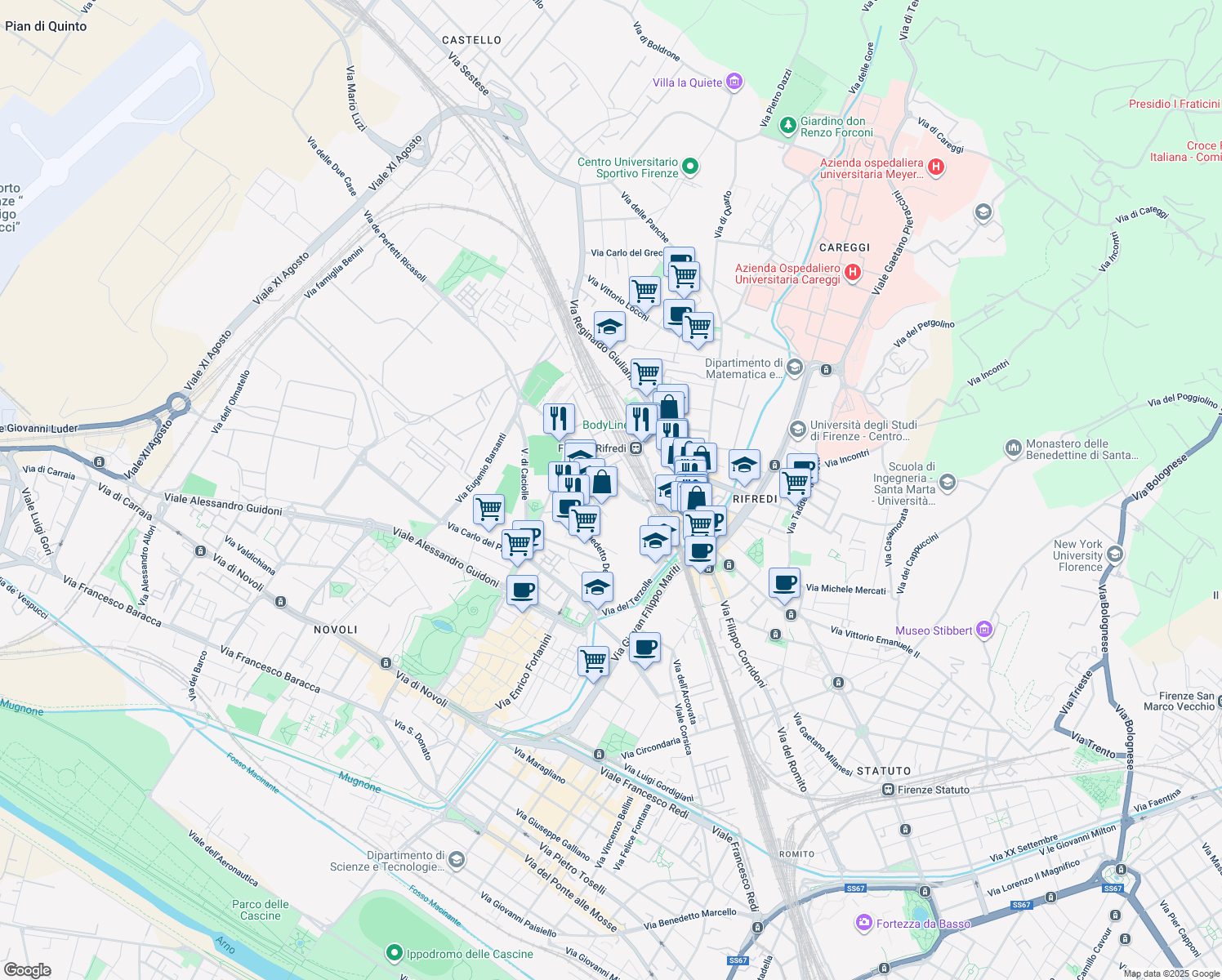 map of restaurants, bars, coffee shops, grocery stores, and more near 43 Via dei Caboto in Firenze